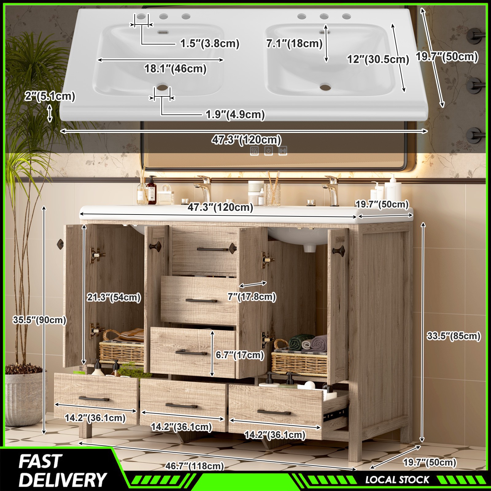 Bathroom Vanity 47 Inch Double Ceramic Sinks Combo Storage Doors and Drawers