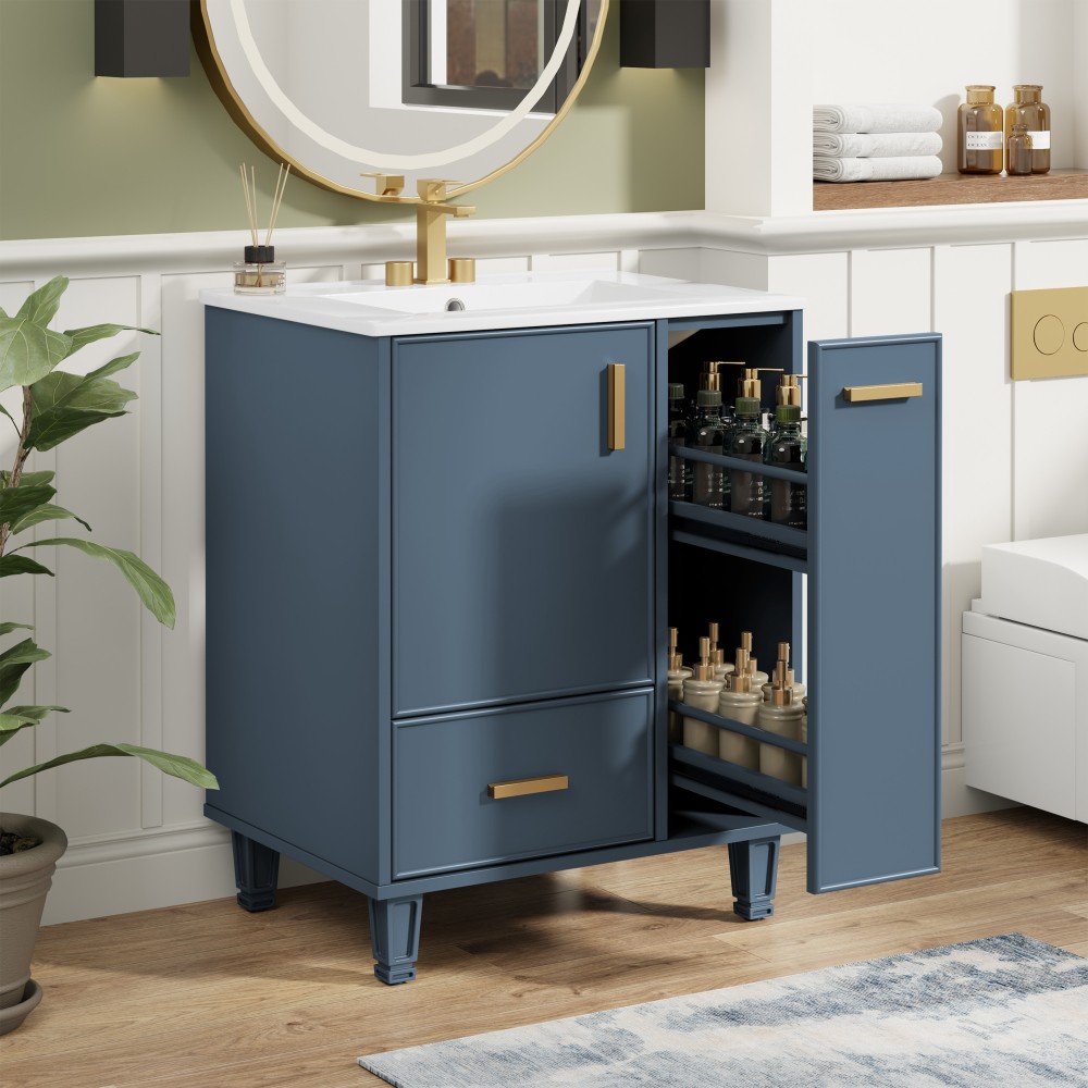 24″ Grey Blue Bathroom Vanity with Ceramic Sink Solid Wood Frame MDF Board