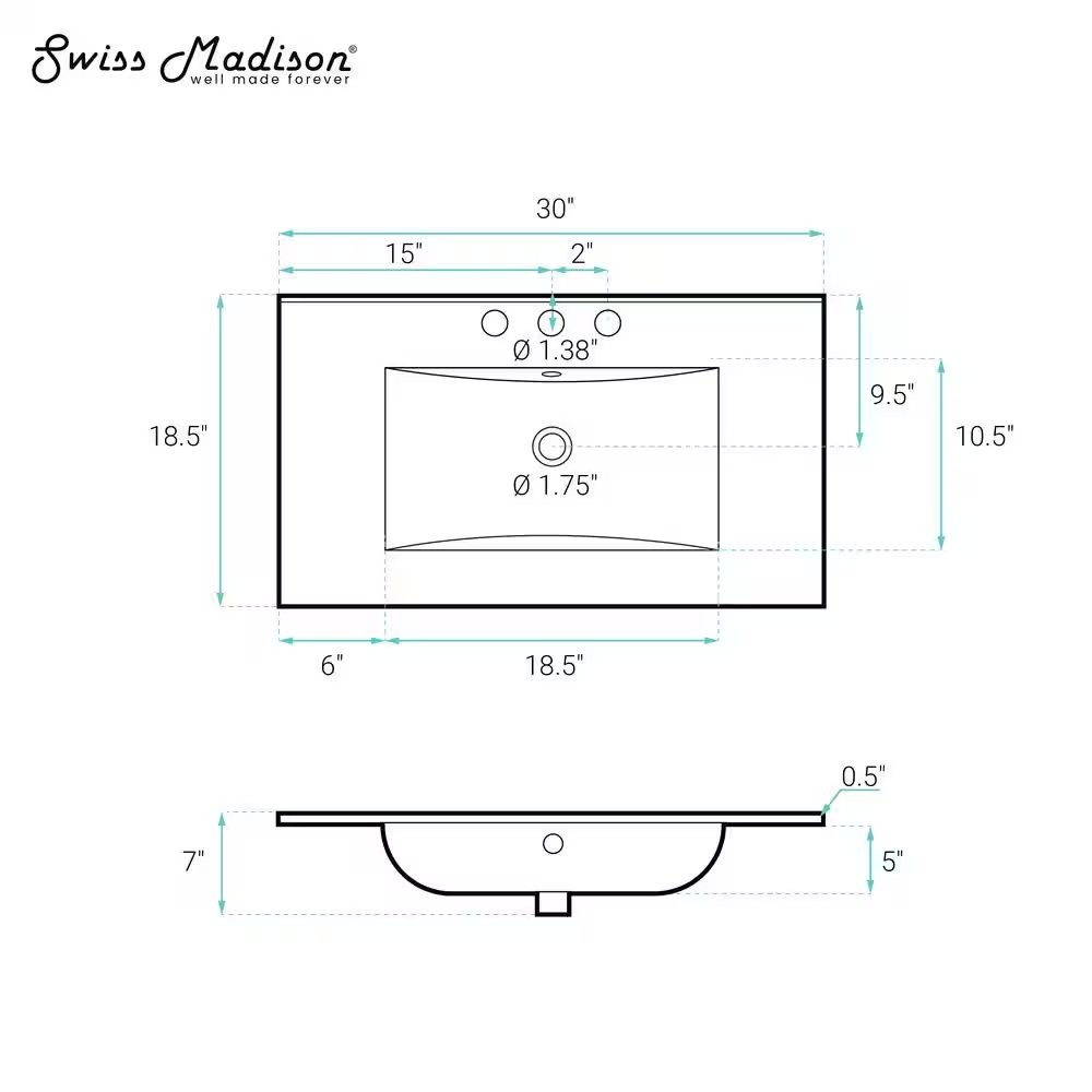 30 in. W x 18 in. D 3-Hole Widespread Ceramic Vanity Top in Glossy White