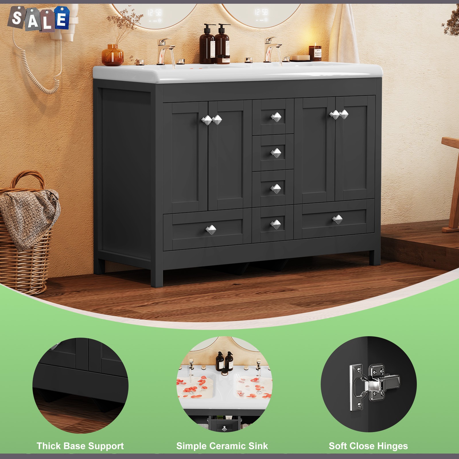 5 Drawers Bathroom Vanity Cabinet with Double Sink Ceramic Freestanding