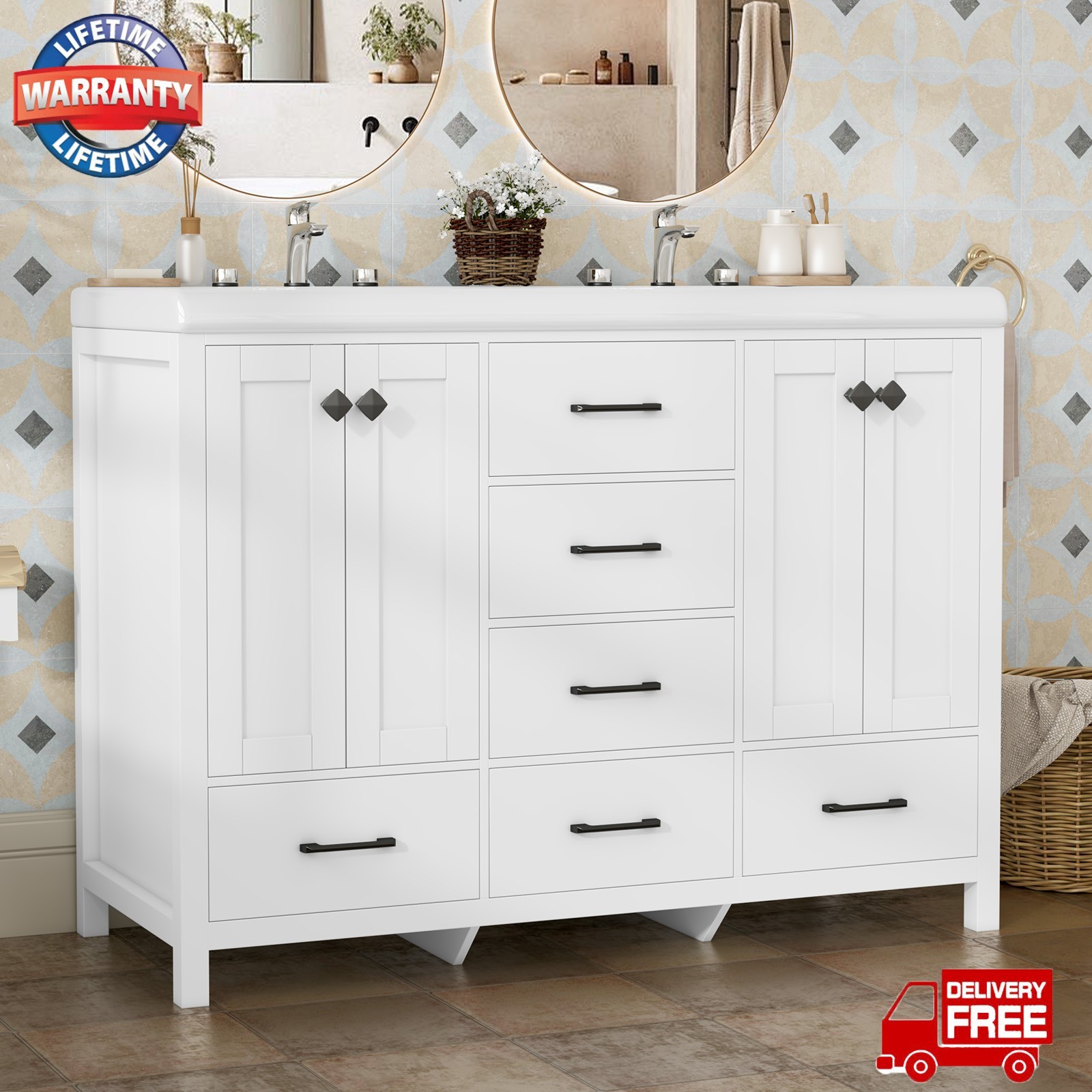 47″ Bathroom Vanity with Double Ceramic Sink and Cabinet Freestanding +Drawers