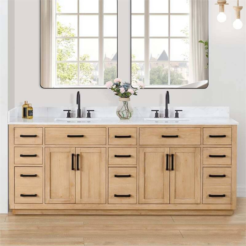 Gavino 84″ Wood Vanity in Light Brown with Composite Stone Top no Mirror