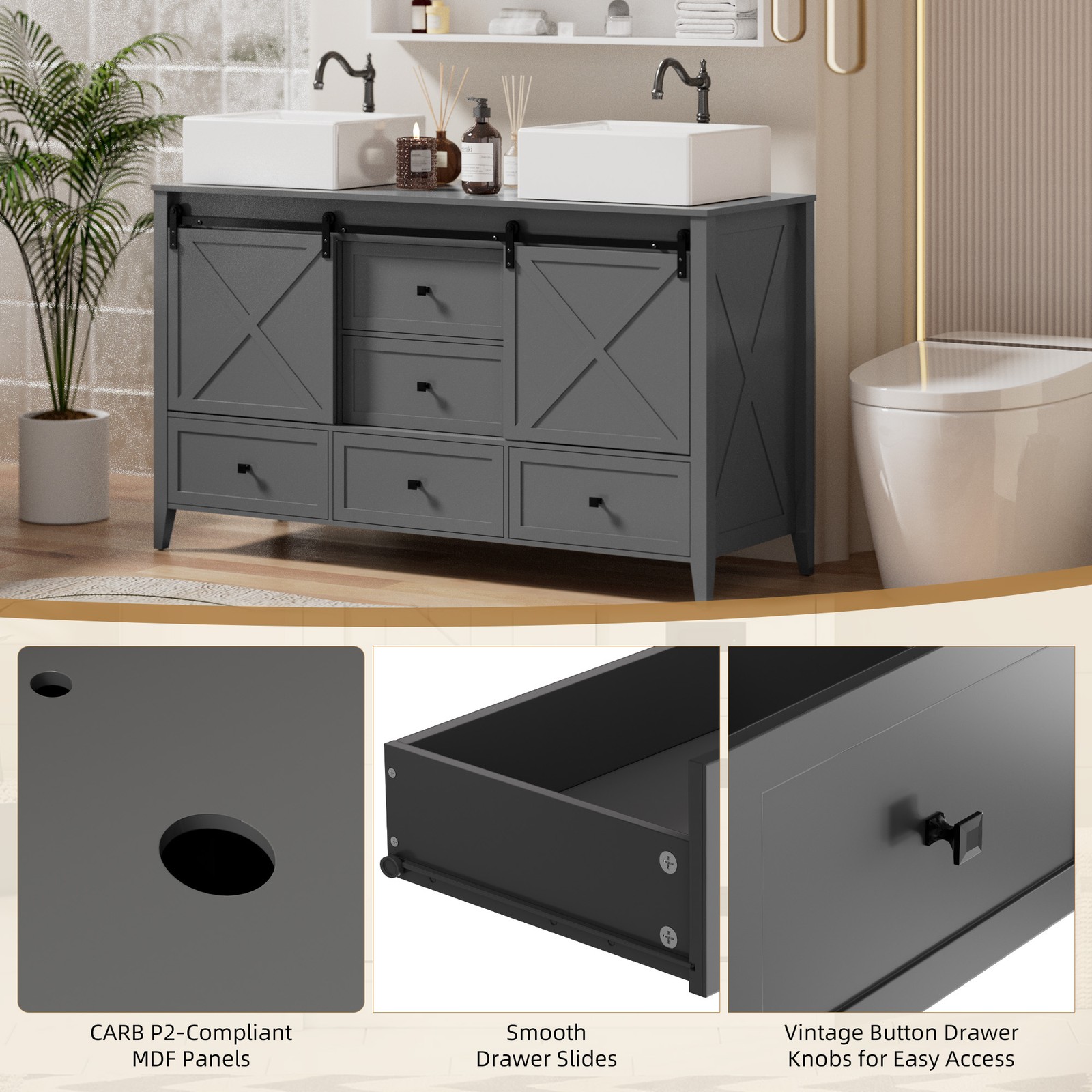 60-inch Grey Bathroom Vanity with Ceramic Sink Combo Abundant Storage Cabinet US