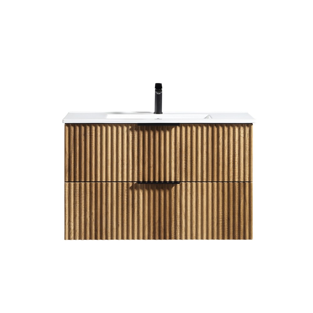 35.04 in Modern Golden Oak Floating Vanity with Ceramic Sink