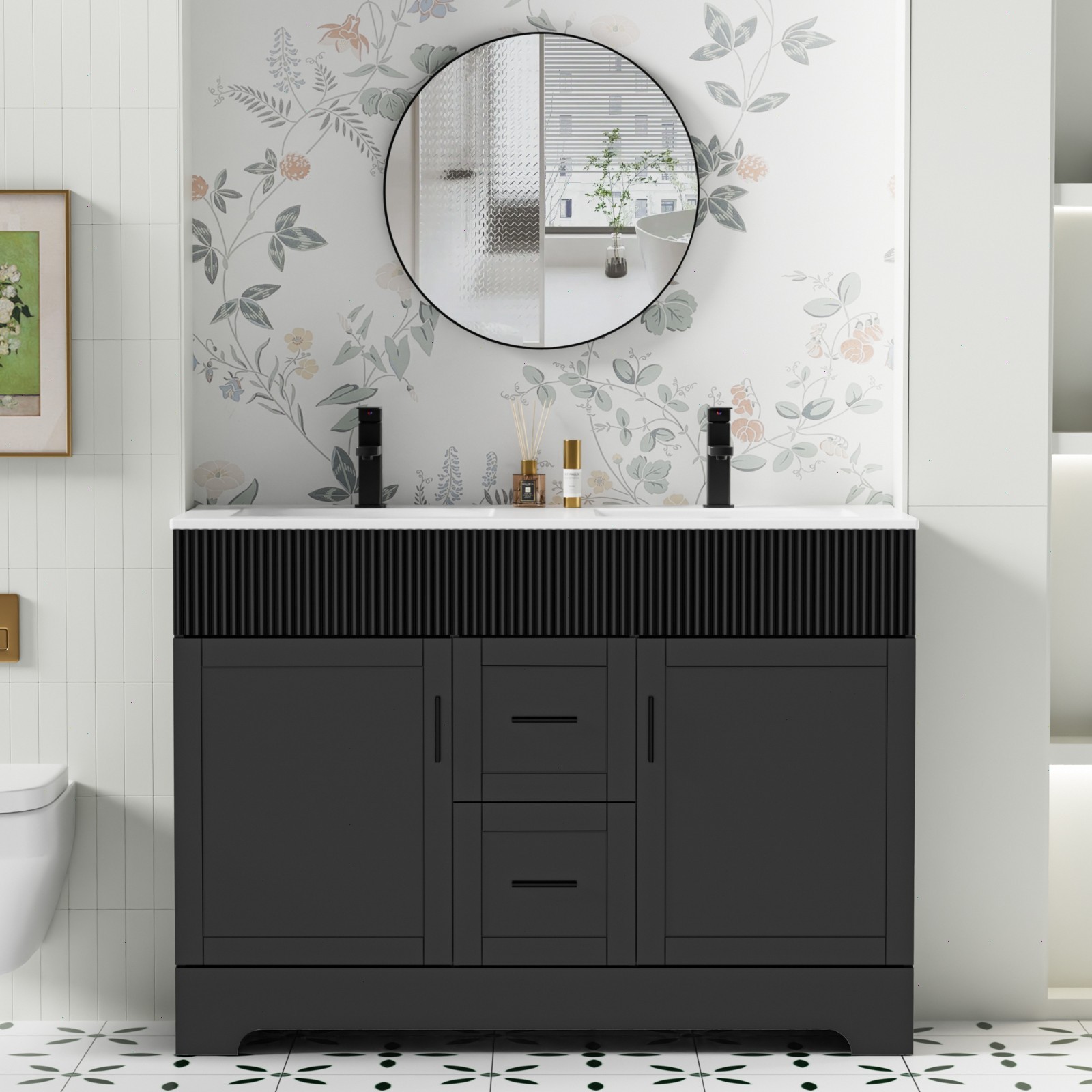 36″ Single Bathroom Vanity Set with Drop in Ceramic Sink Top with Wave Lines