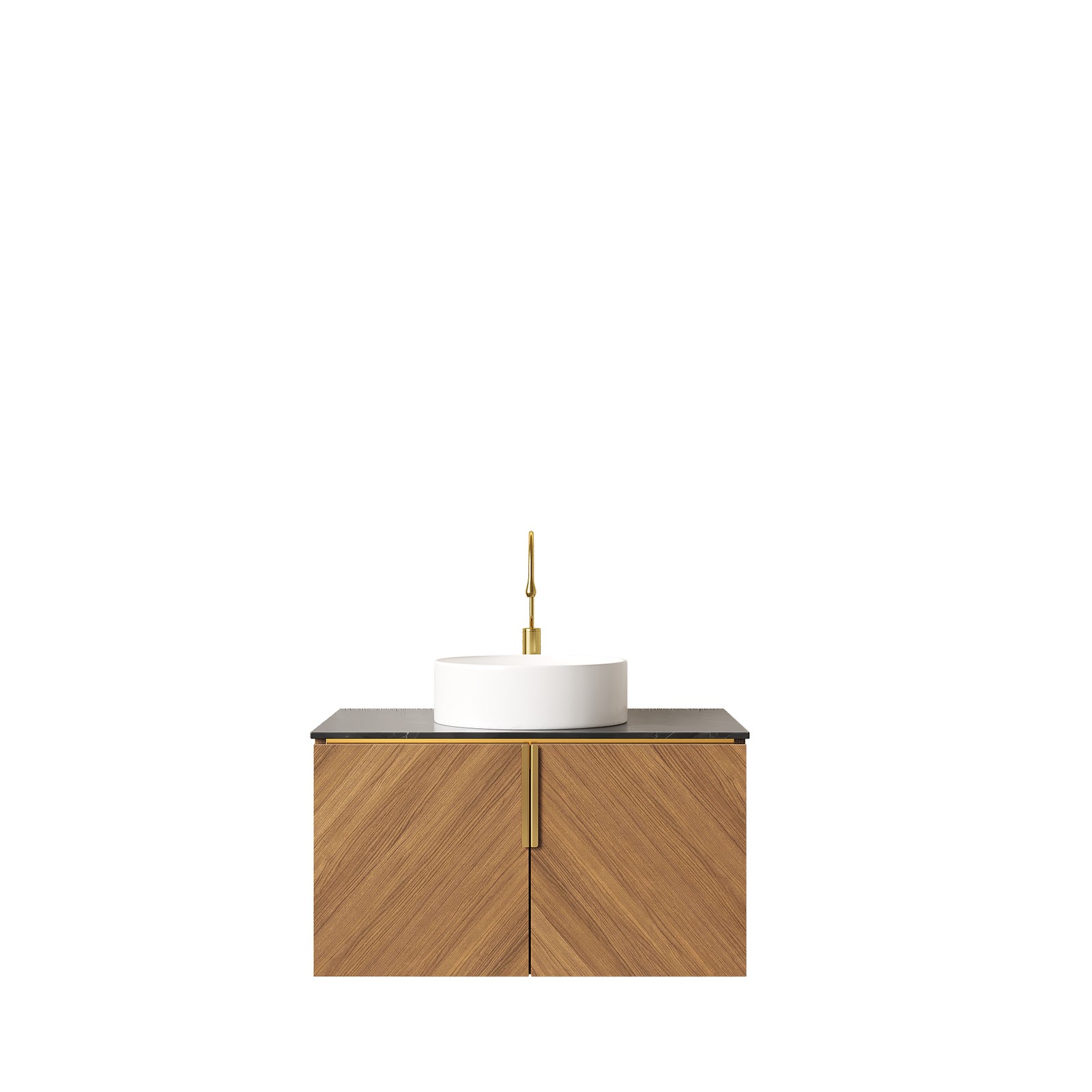 Double-door dressing table with sink, stone countertop and round ceramic basin