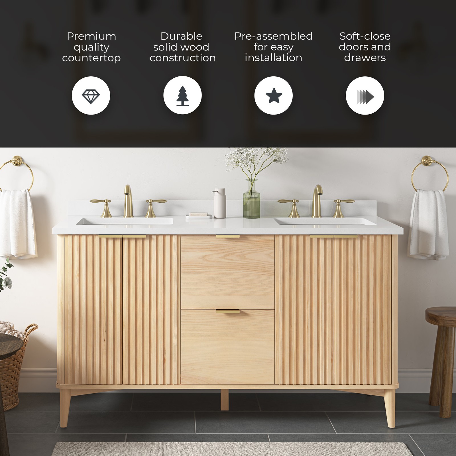 Gabi 60 in. Double Sink Freestanding Rustic Ash Bathroom Vanity