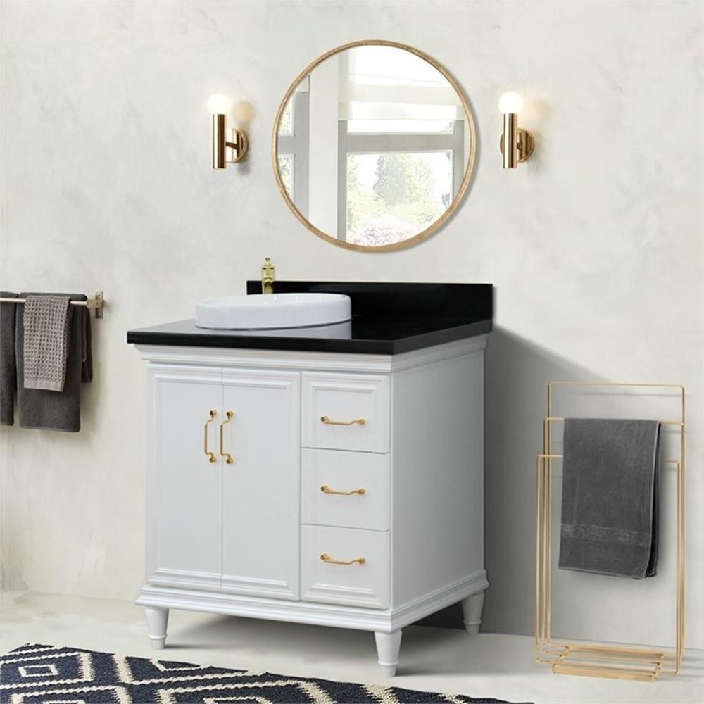 37 in. Single Wooden Vanity White Black Galaxy Round Left Door.Left Sink
