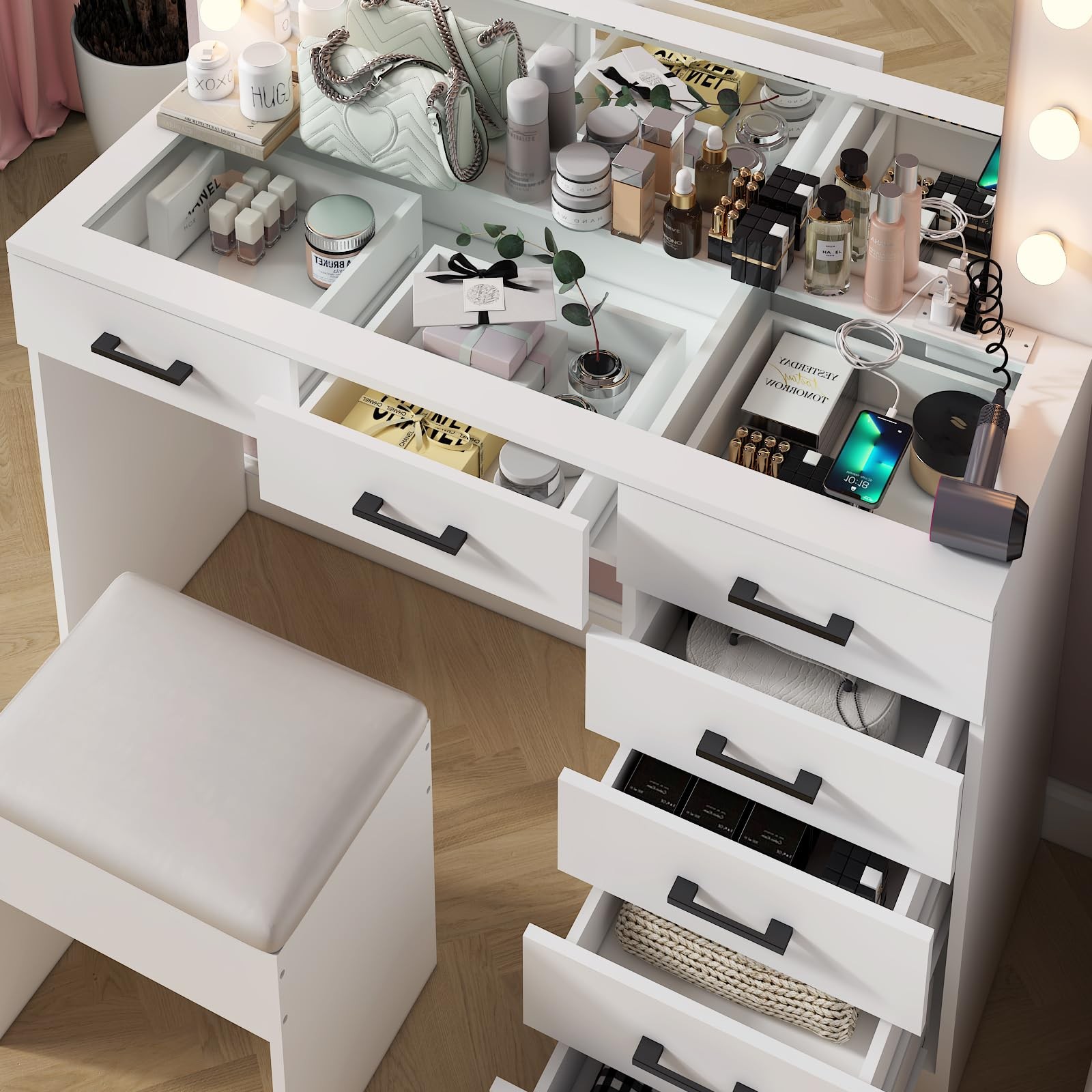 Makeup Vanity Desk Mirror Lighted Charging 7 Drawers Stool 3 Colors