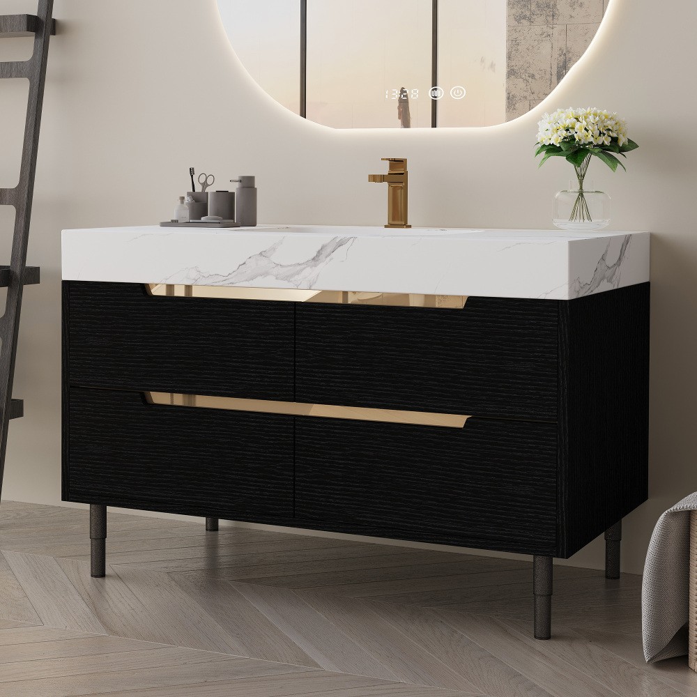 35.4″ Farmhouse Bathroom Vanity w/Sintered Stone Top，4 Drawers，Wall/Floor Mount