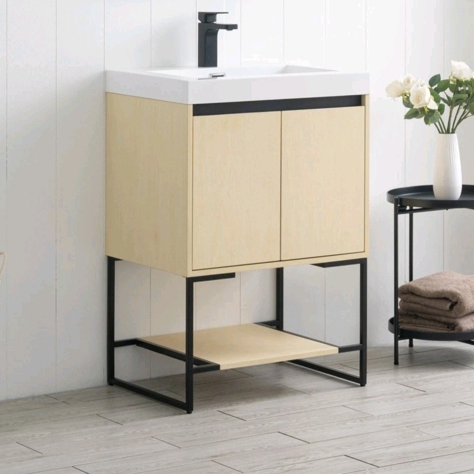 Modern Freestanding Bathroom Vanity Single Sink Light Wood Black Metal Shelf