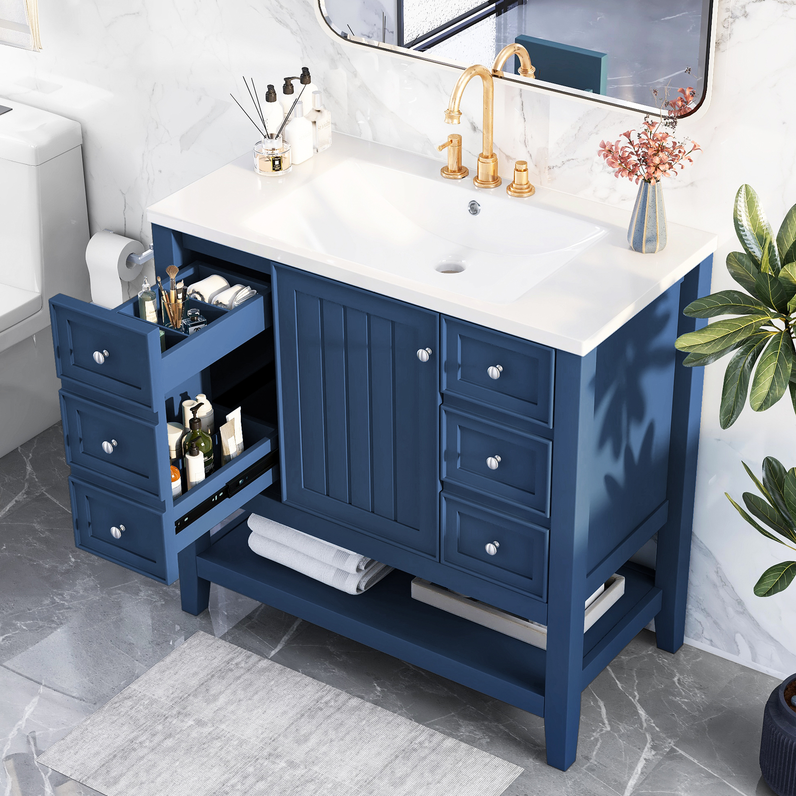 36″ Bathroom Vanity w/Sink,Freestanding Bath Vanity Cabinet,3 Drawers,Open Shelf