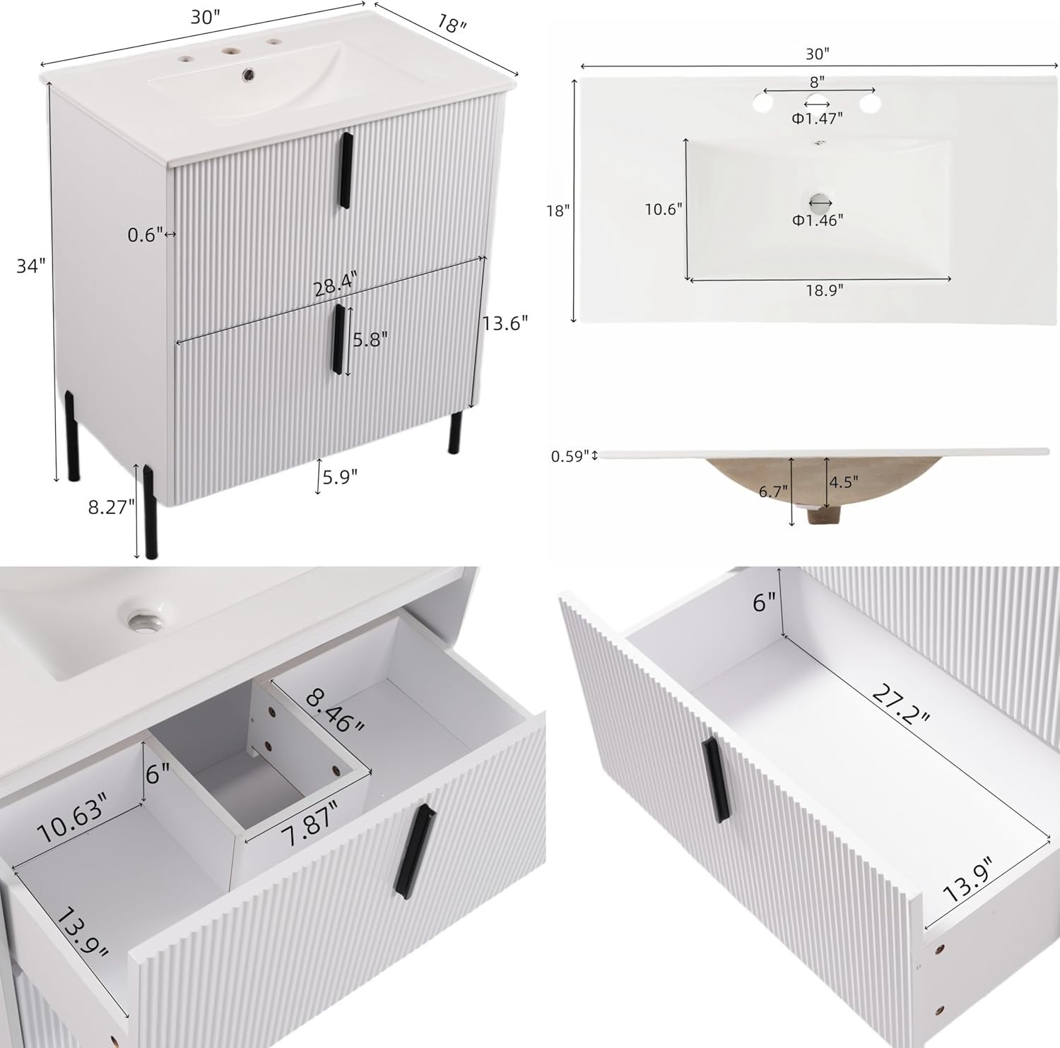 30 in.Bathroom Vanity with Fluted Design Vanity with Sink Suit For Any Bathroom