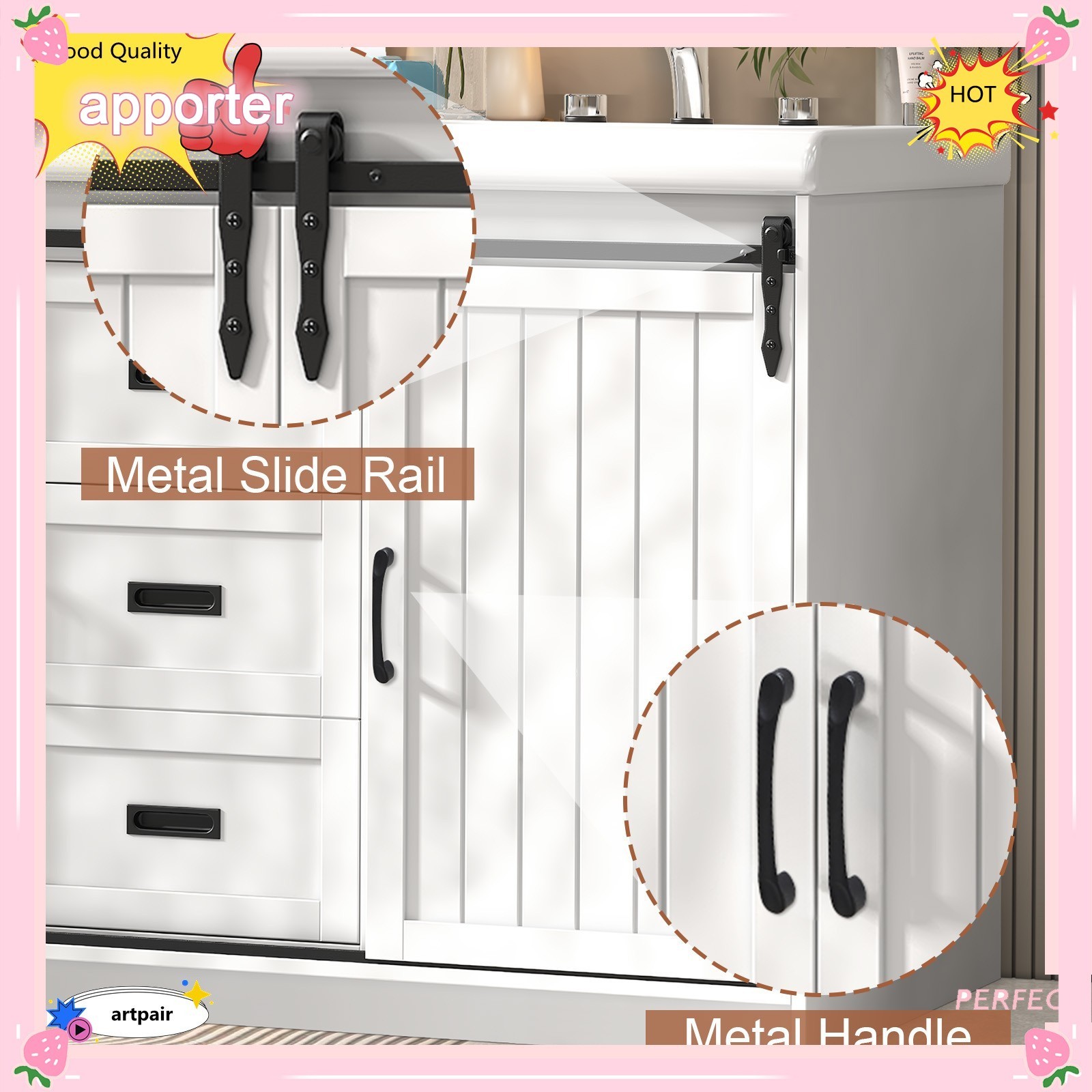 47″ Bathroom Vanity Cabinet Freestanding Storage Compartment + 2 Ceramic Sink