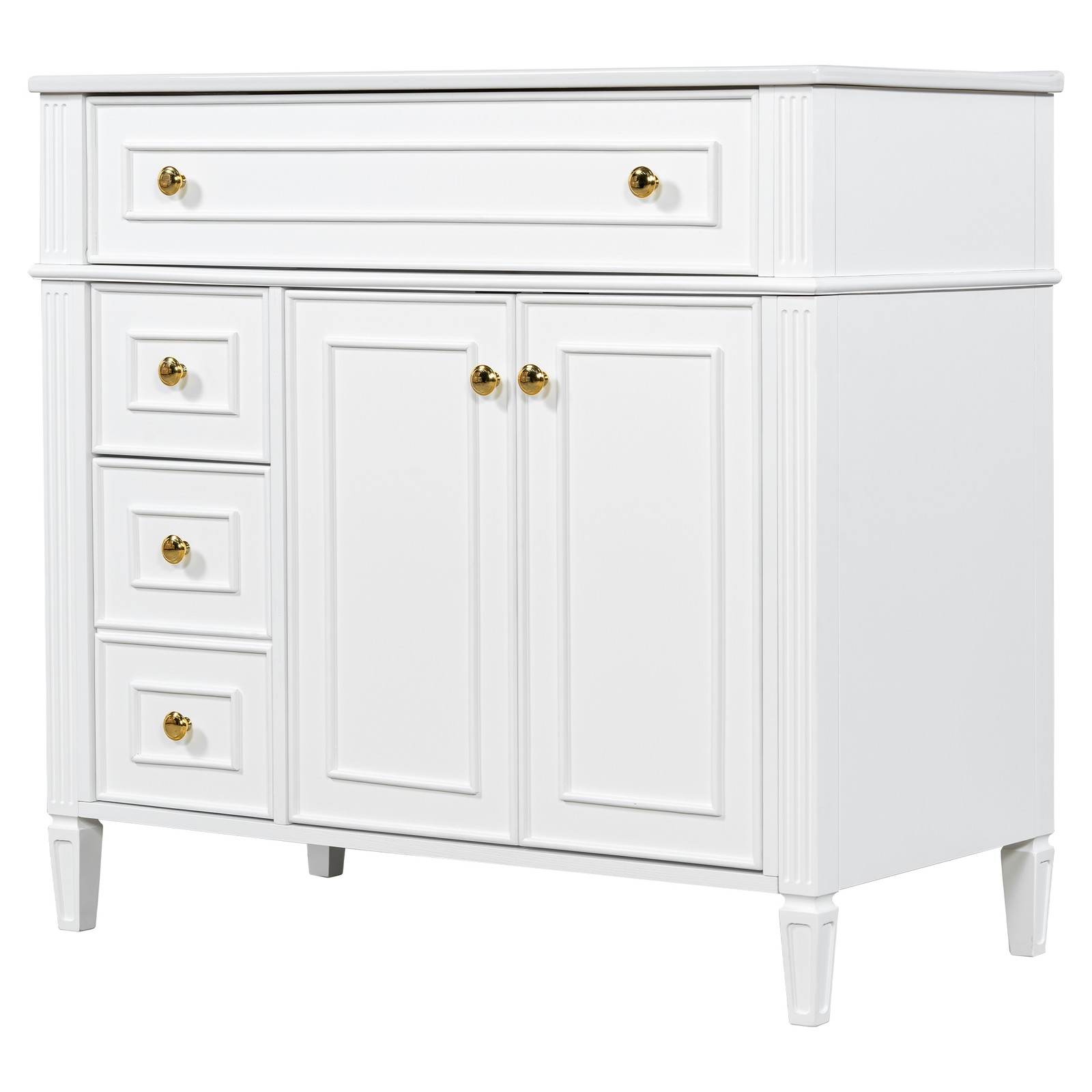 36″ Bathroom Vanity with Sink, White Solid Wood Cabinet, Gold Handles
