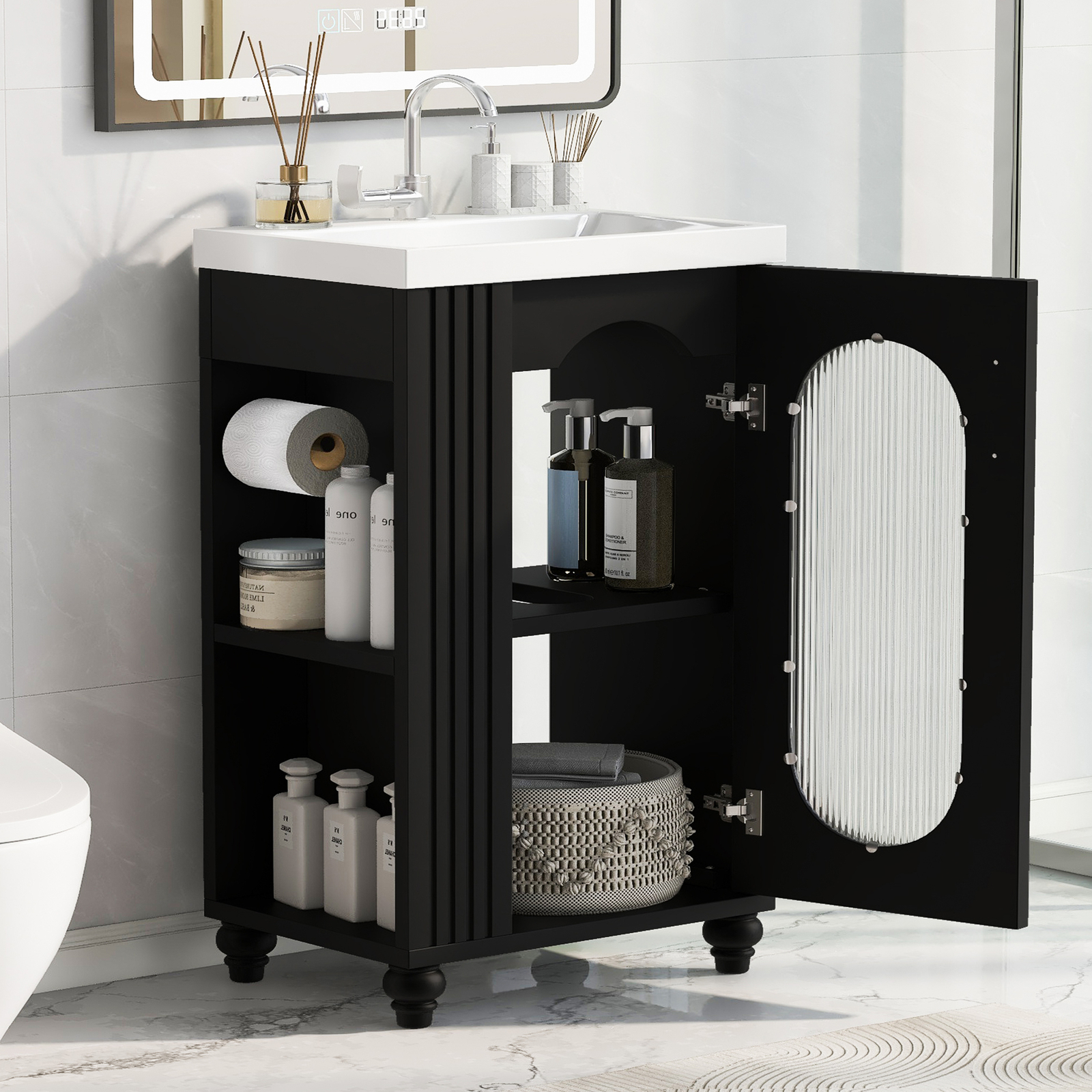 20″ Bathroom Vanity with Sink, Bathroom Vanity Cabinet with Two-tier Shelf Black