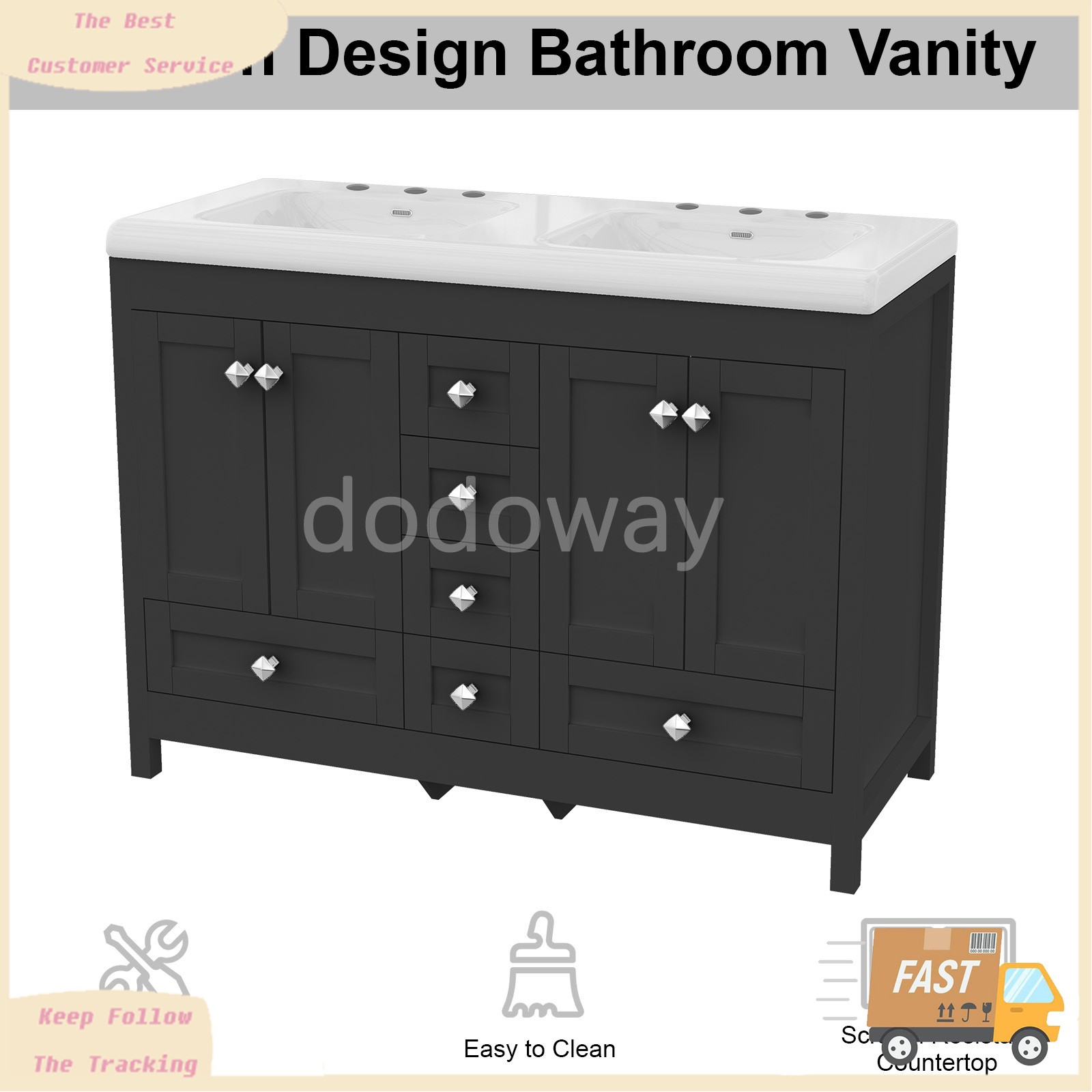 Modern 47″ Double Sink Vanity Freestanding Ceramic Bathroom Cabinet Black