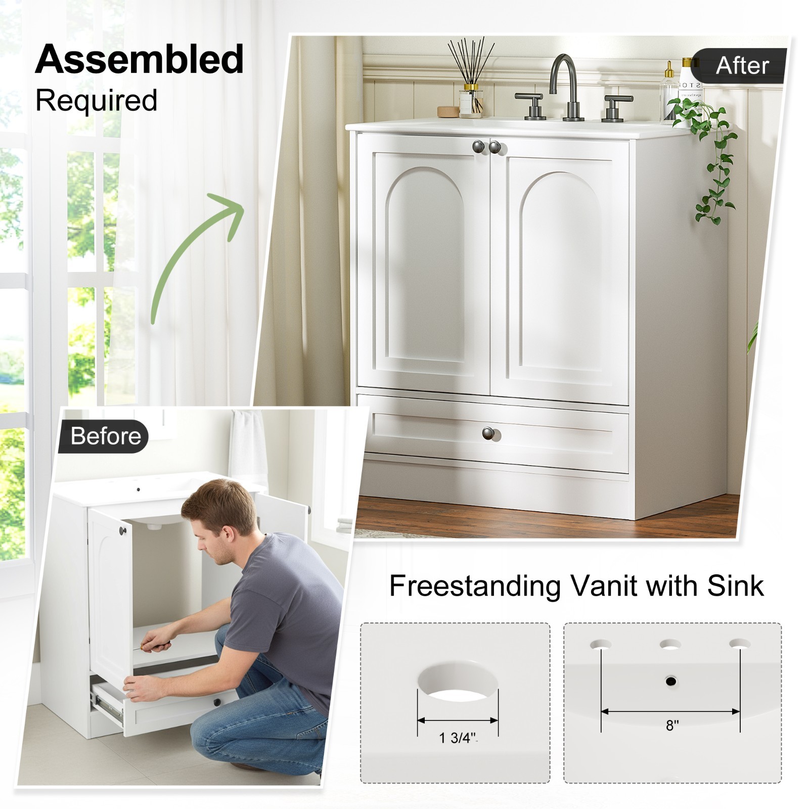 30″ Bathroom Vanity with Sink, Freestanding Bath Vanity Cabinet 2 Doors, Drawer