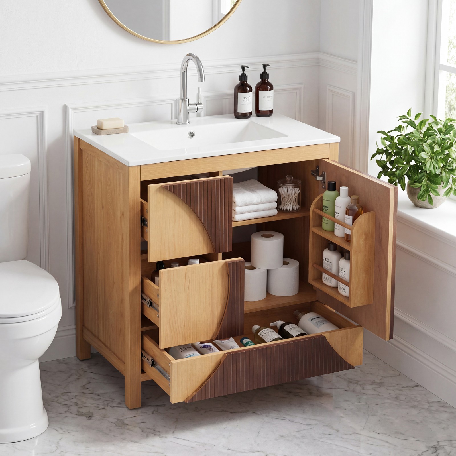30″ Bathroom Vanity with Sink, Solid Wood & MDF, 3 Drawers, Soft-Close