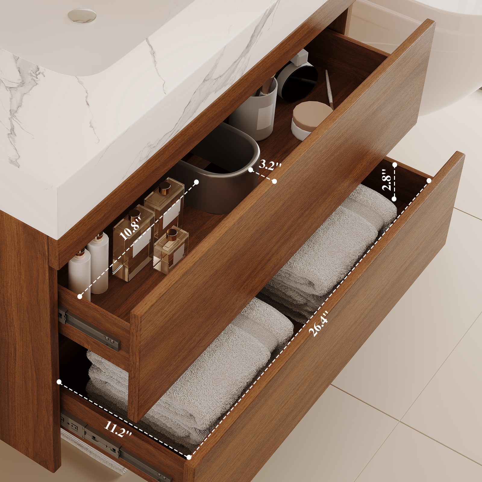 29.9″ Modern Floating Bathroom Vanity Storage Cabinet w/Faux Marble Top & Sink