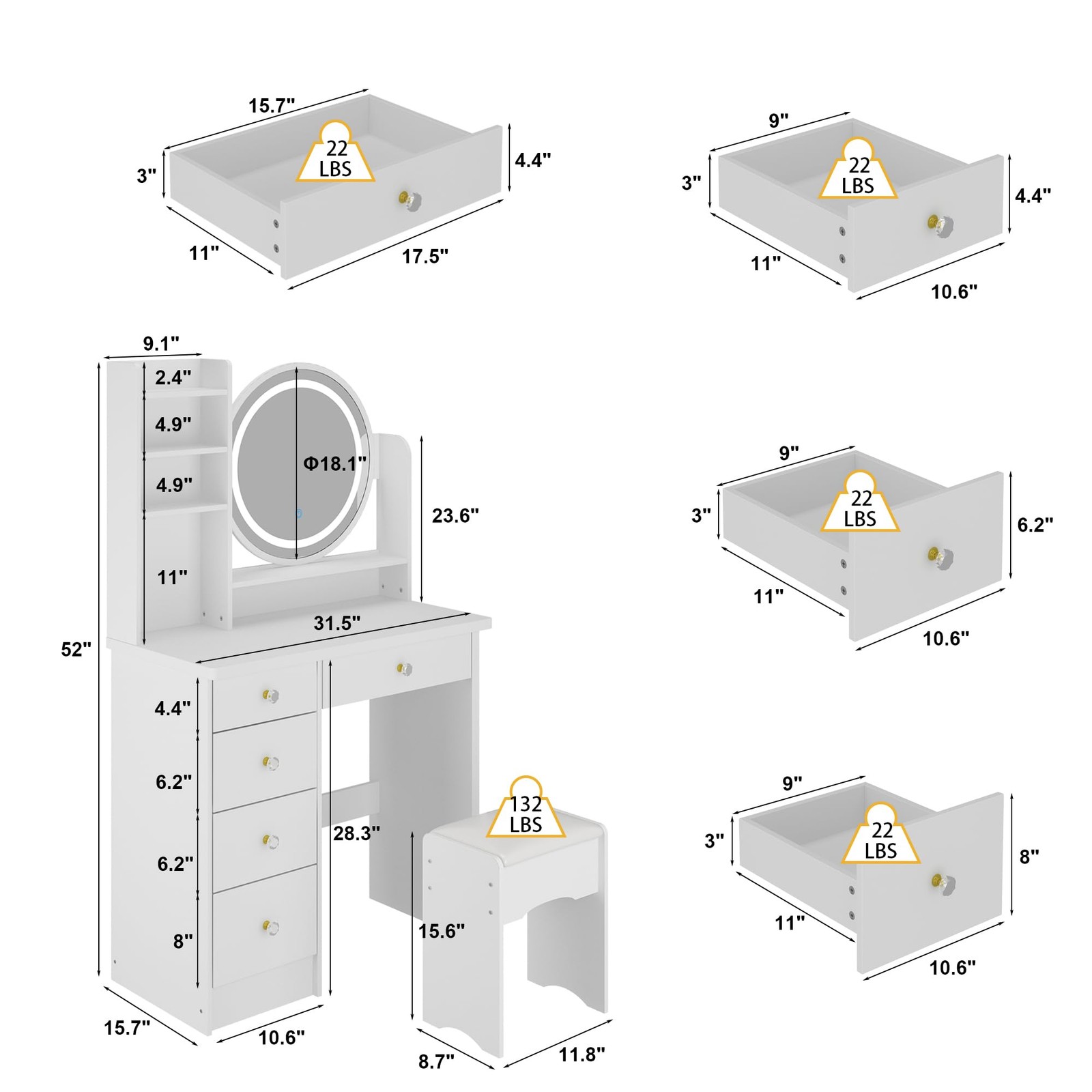 White Vanity Set Round Lighted Mirror Dressing Table 5 Drawers Shelves Stool