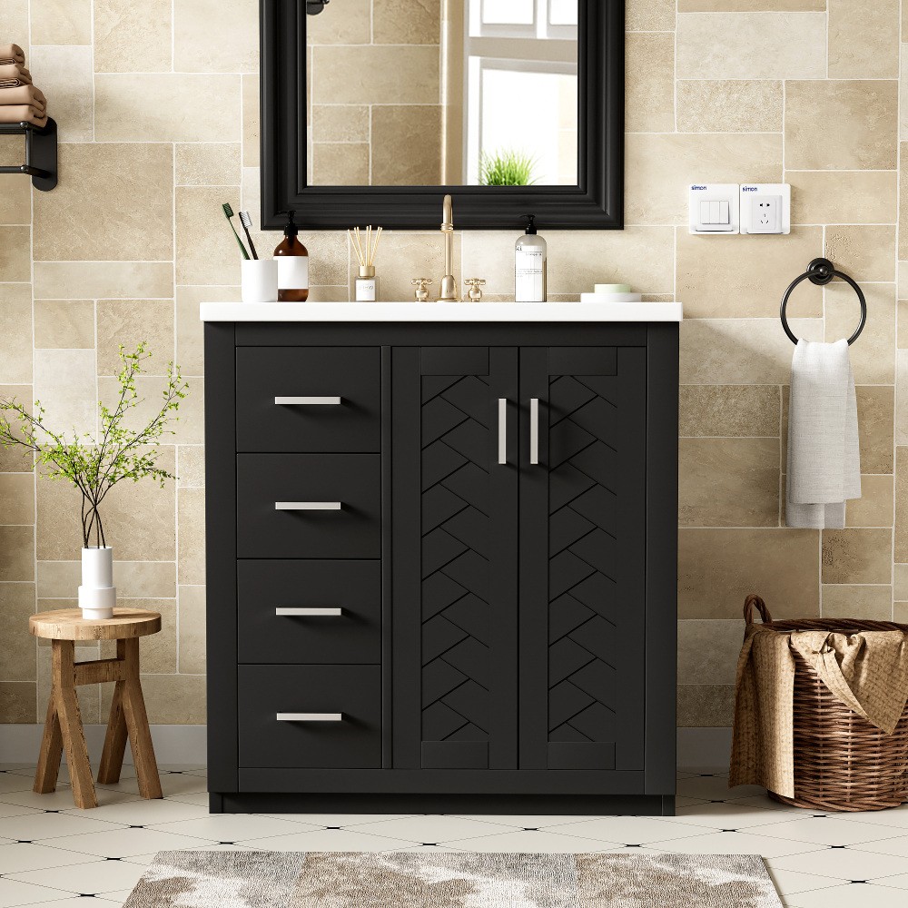30” Bathroom Vanity with Ceramic Sink Combo,Solid Wood Frame Bathroom Storage