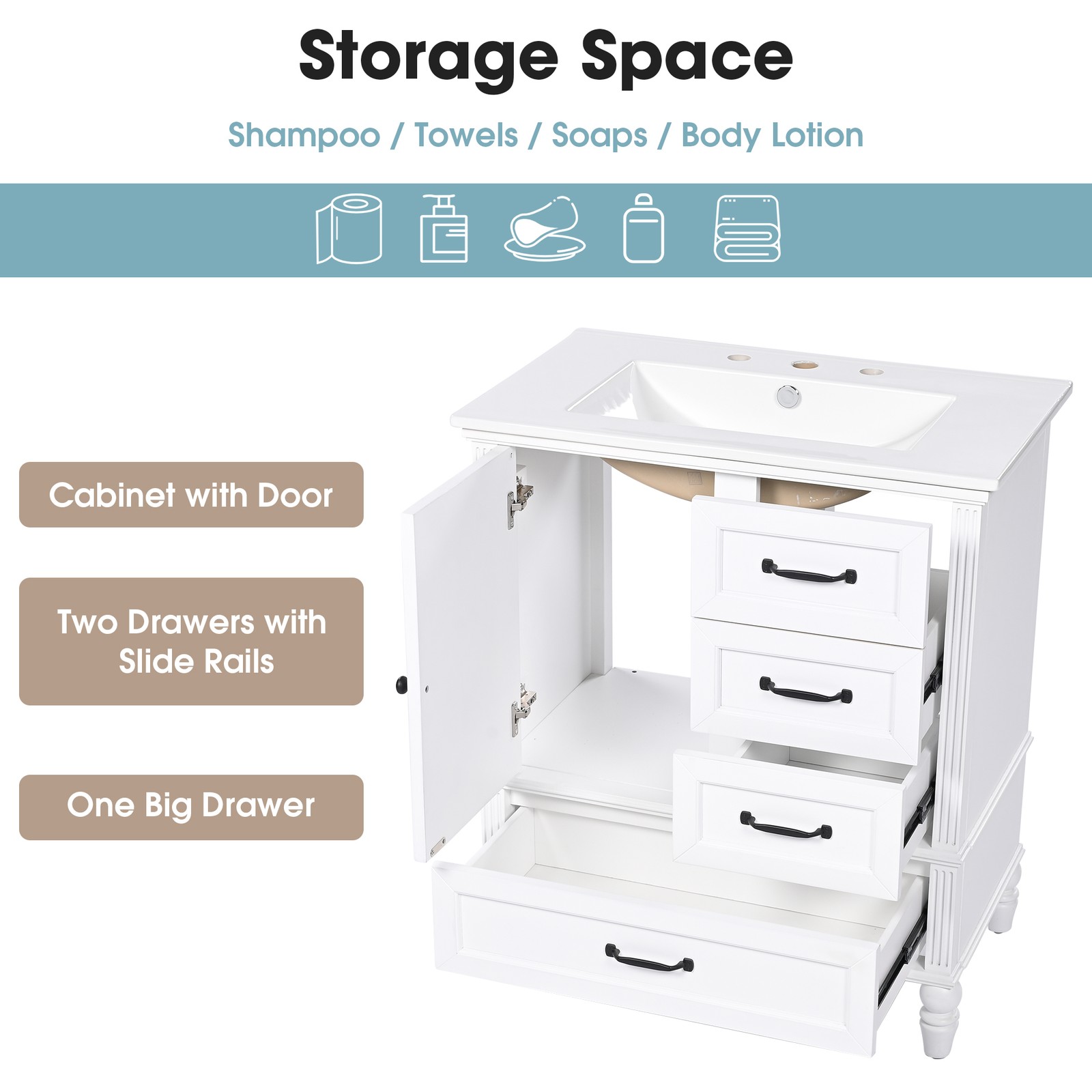 30″ Bathroom Vanity with Sink, Bathroom Cabinet with A Door, Three Drawers White