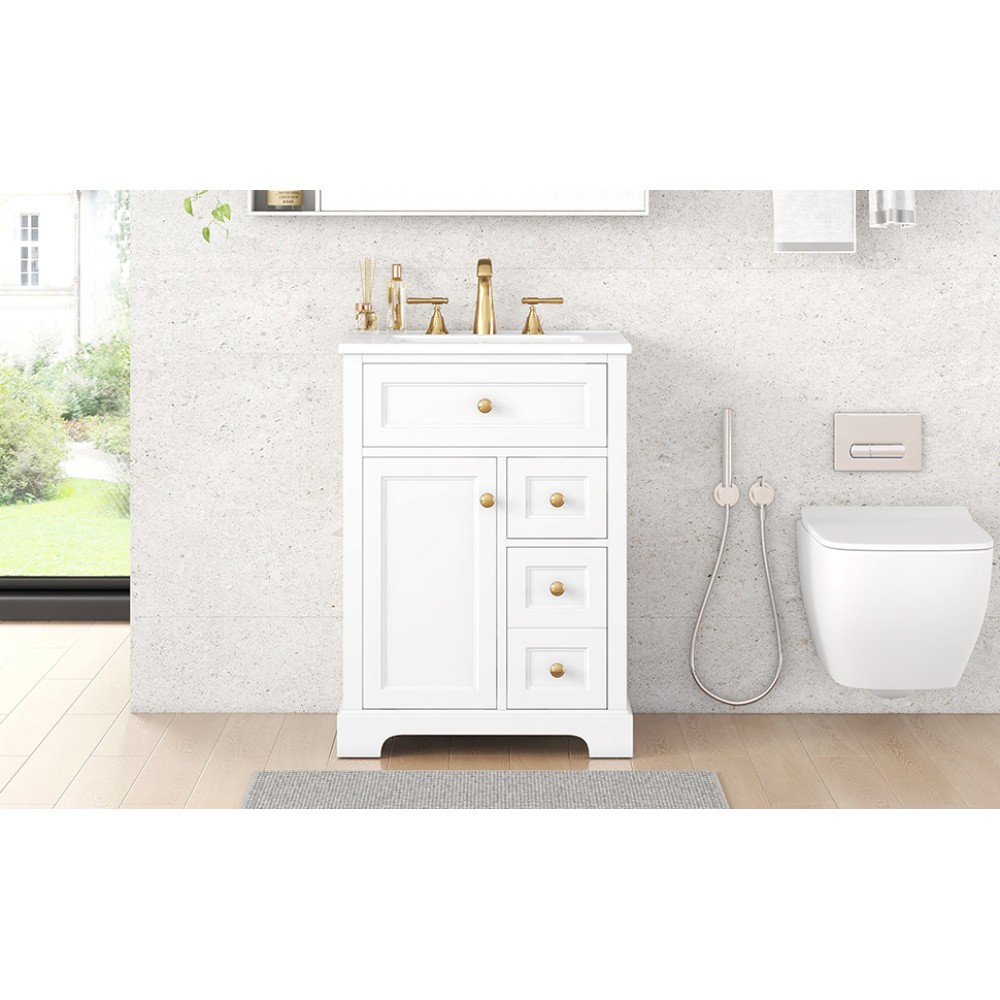 24 in White Bathroom Vanity with Sink MDF & Pinewood Construction 3 Drawers