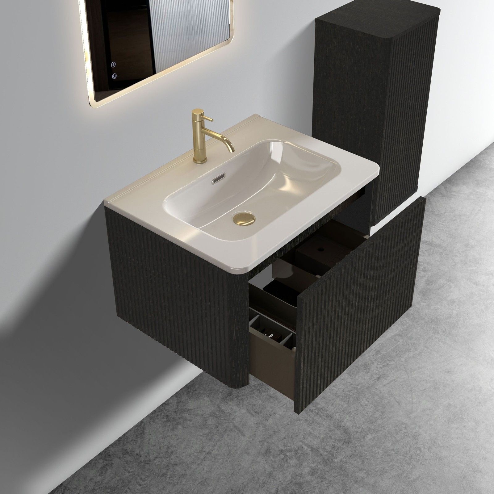 Etna 24 Inch Black Oak Floating Bathroom Vanity with White Ceramic Sink
