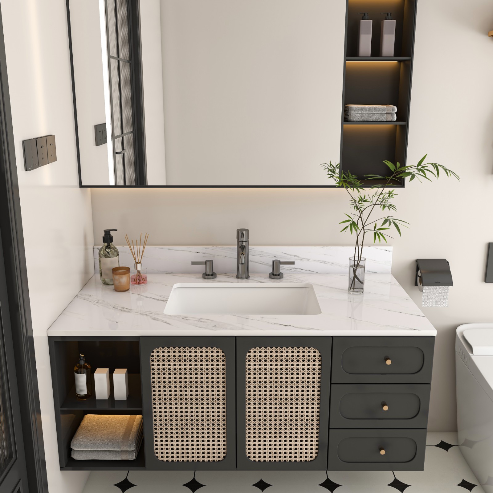 43″ White Marble Vanity Top w/ Undermount Sink, 1 Holes, 4″ Backsplash