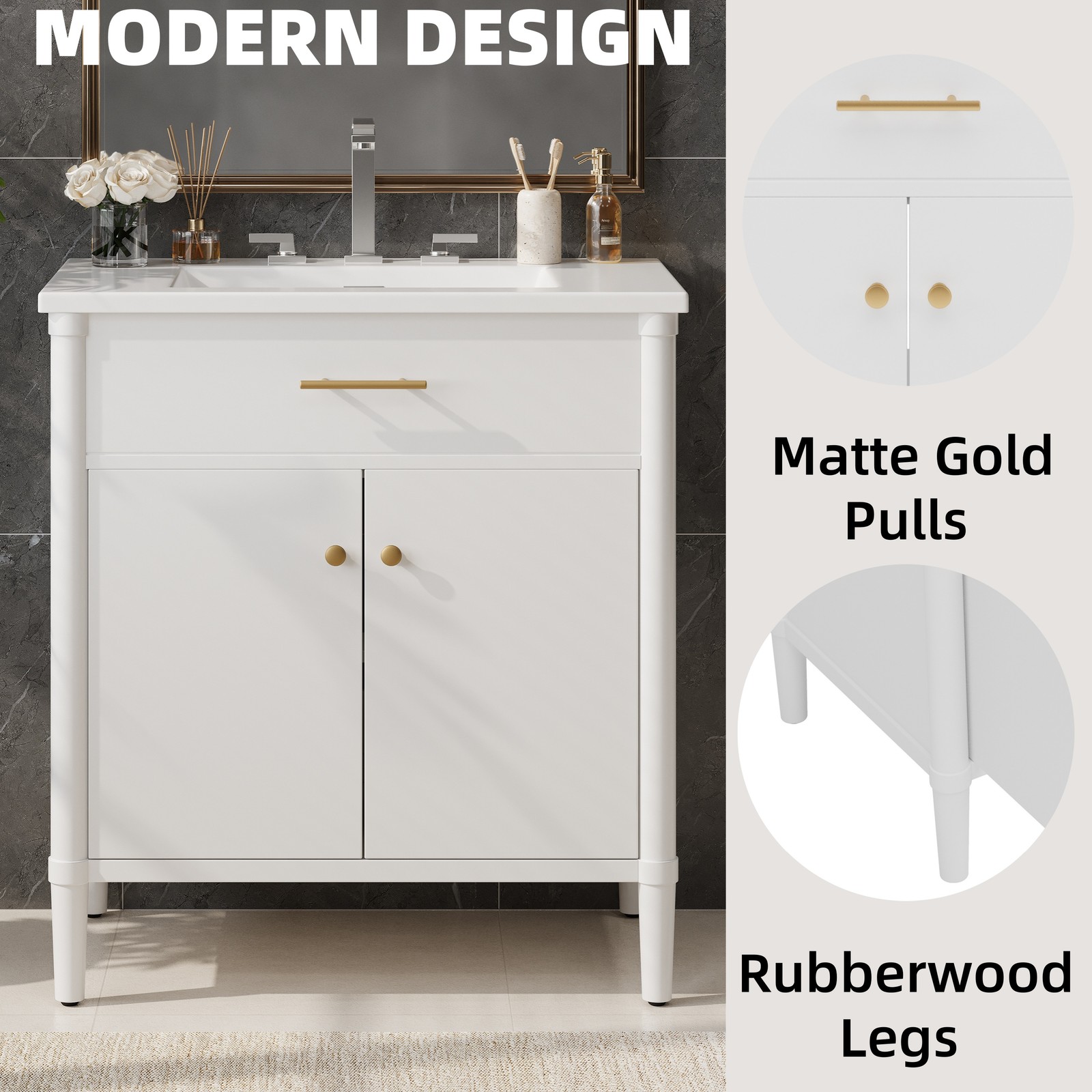 30″ Bathroom Vanity with Sink, Bathroom Cabinet with Soft Close Doors White