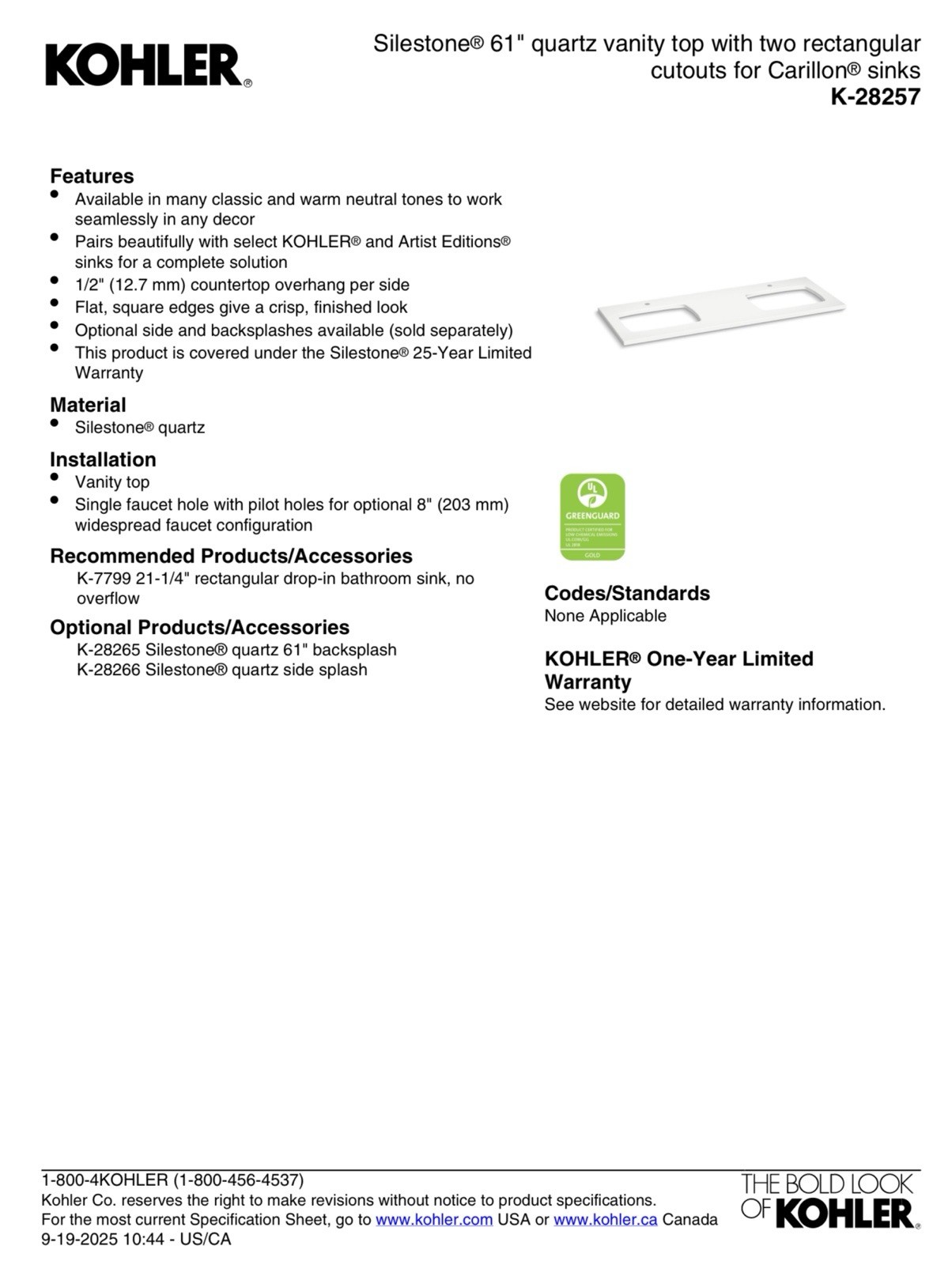 Kohler Silestone® 61″ quartz vanity top with two rectangular cutouts® 28257-ESR