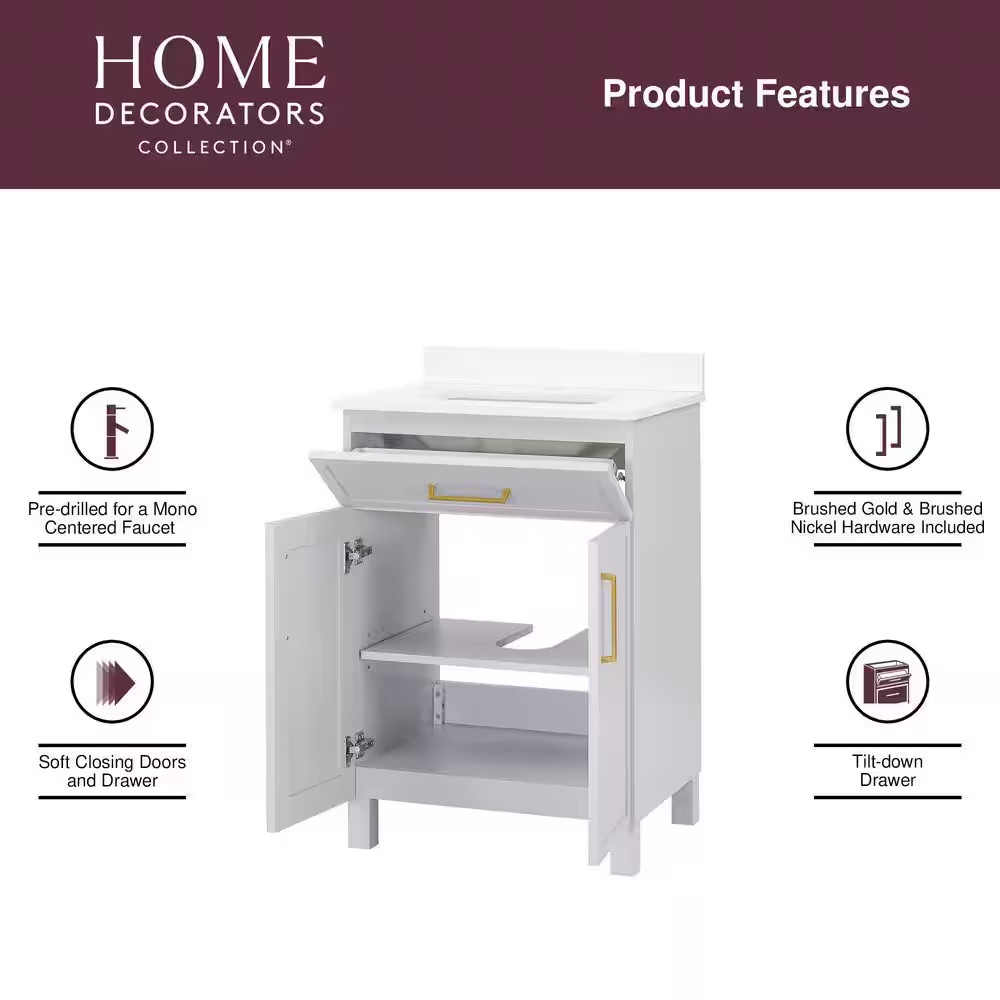 Bilston 24 In. Single Sink Freestanding Dove Gray Bath Vanity with White Enginee
