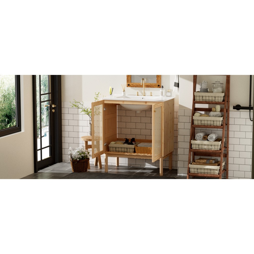 30″ Bath Vanity Ceramic Sink Soft Close Handwoven Rattan Doors Storage Cabinet