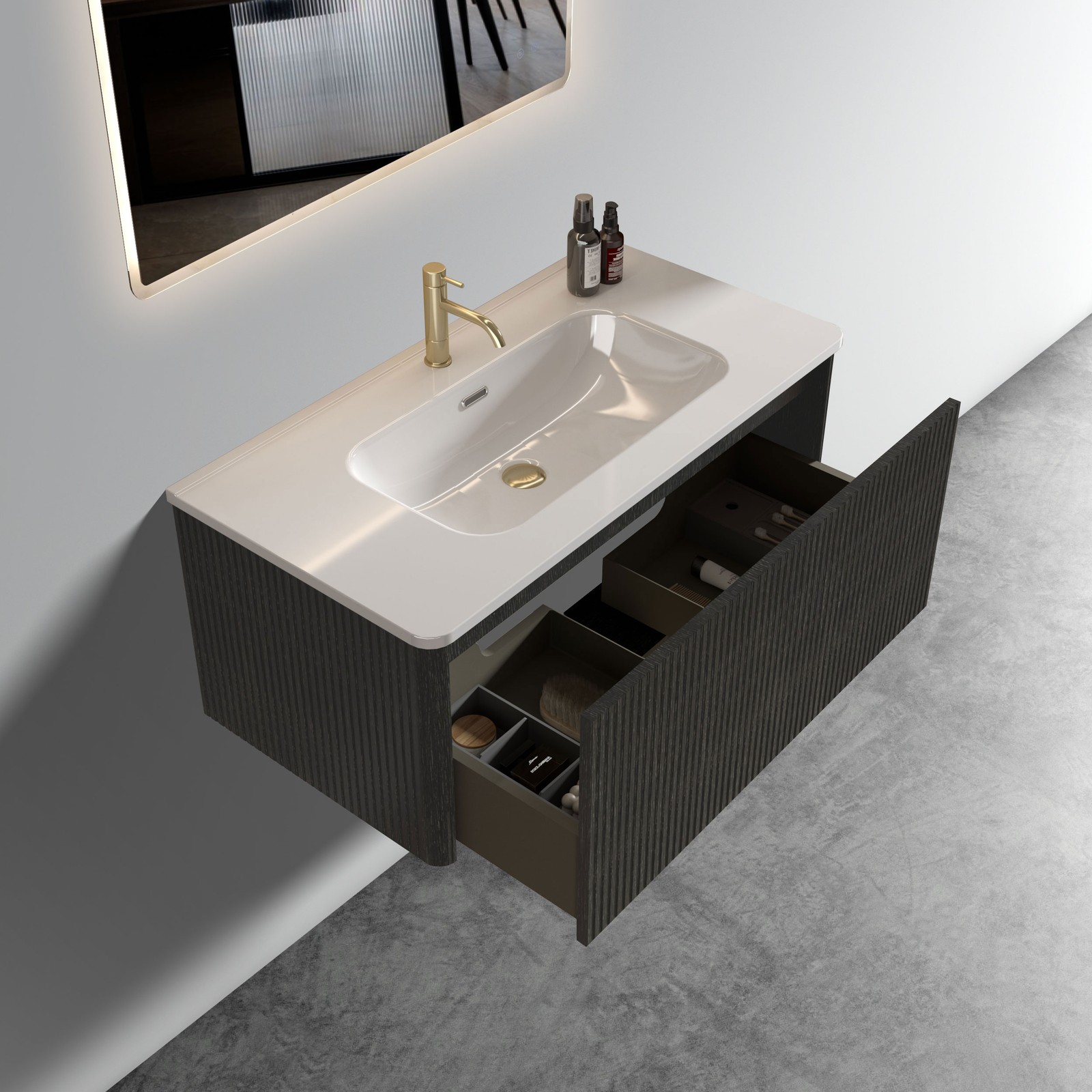 Etna 36″ Brushed Black Oak Floating Bathroom Vanity with White Ceramic Sink