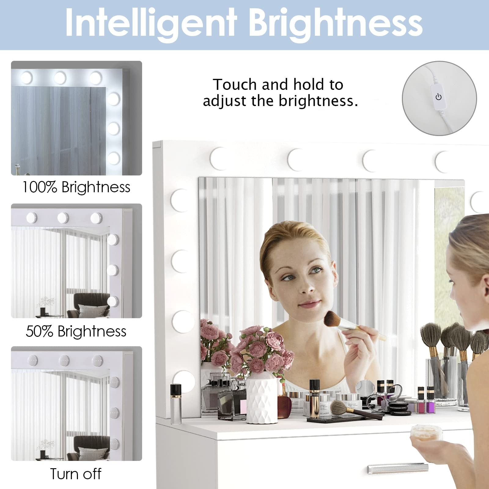 Makeup Vanity Desk with Lights Dimmable Large Drawer Sturdy Bedroom Studio White