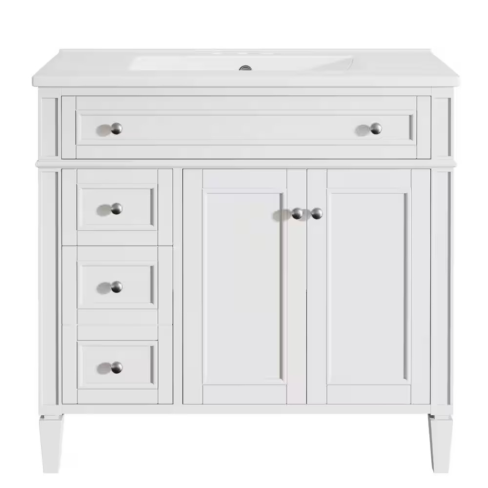 36 In. Single Sink Freestanding White Bath Vanity with White Ceramic Top Unassem