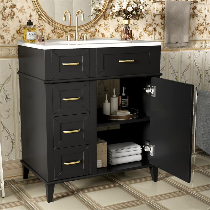 30″ Black Bathroom Vanity with Ceramic Sink,Adjustable Shelf & 3 Storage Drawer