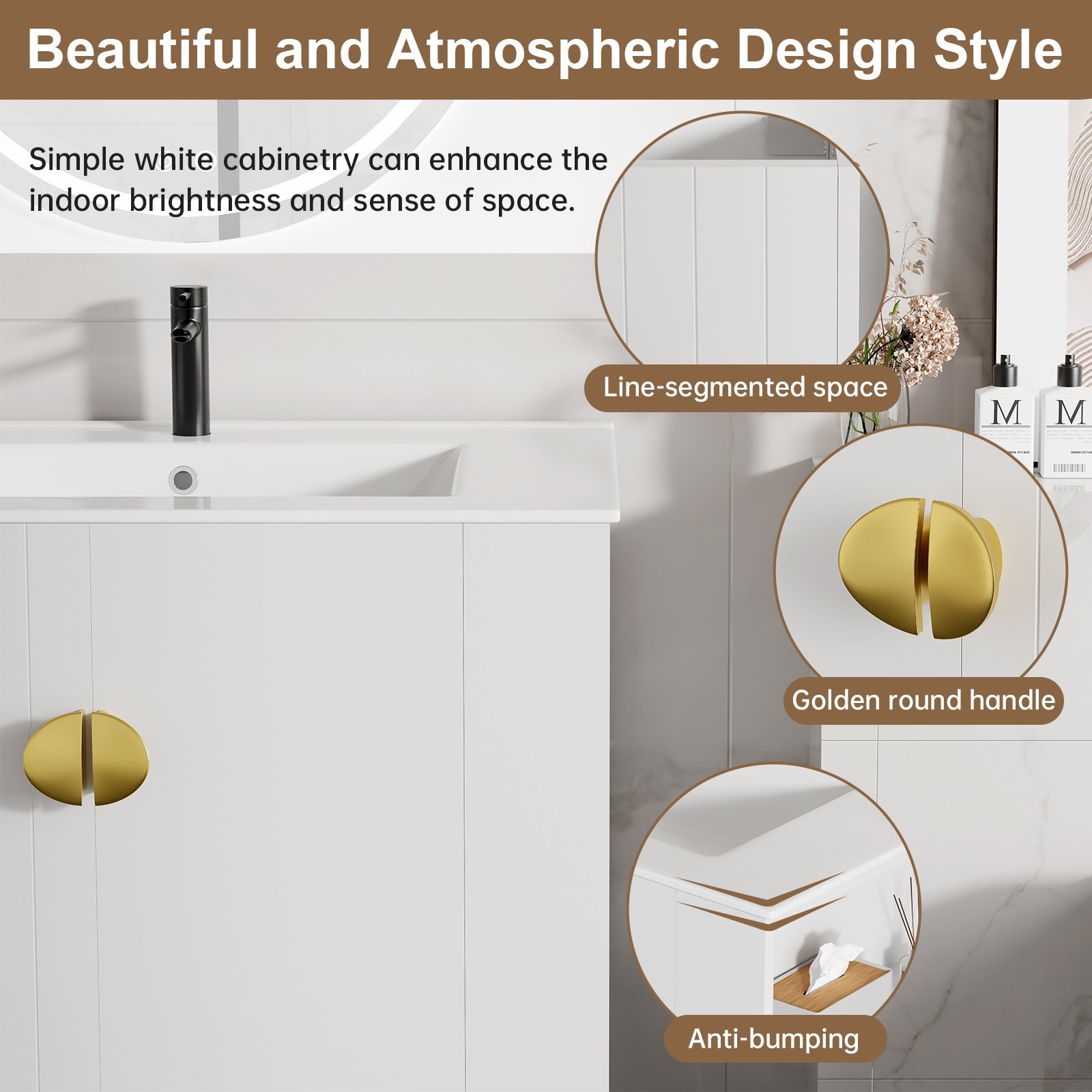 30″ Floating Vanity with Sink Wall Mounted White Soft Close Bathroom Cabinet