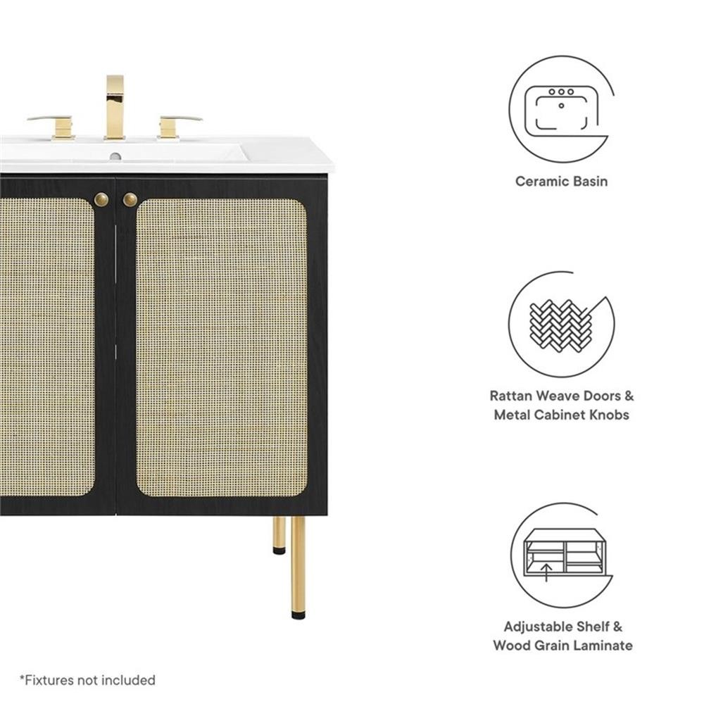 Pemberly Row 30″ Wood & Rattan Bathroom Vanity in Black/White