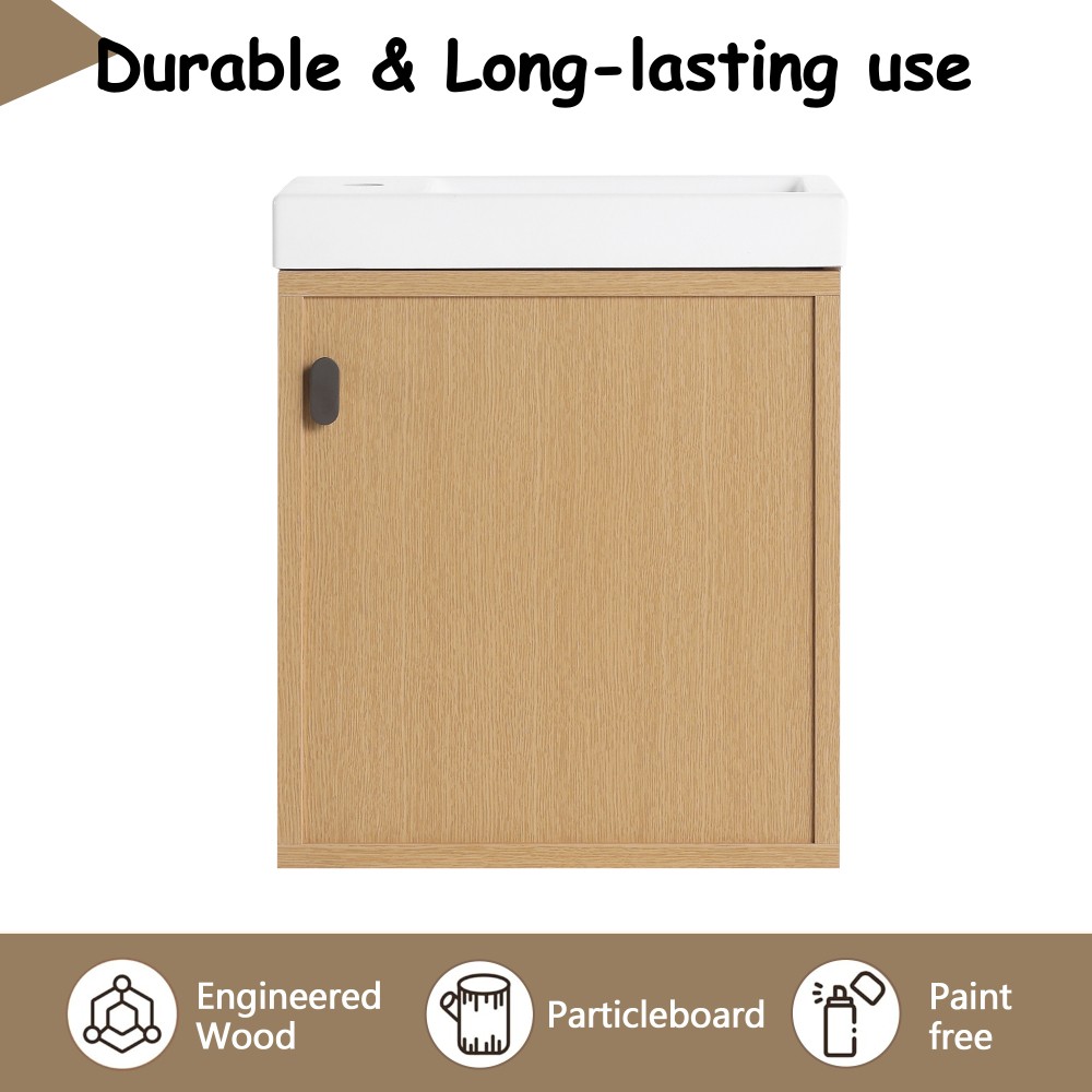 18.5-inch wall-mounted bathroom vanity overhangs to save space