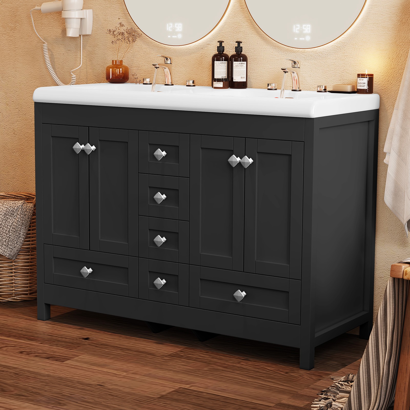 47″ Freestanding Vanity Bathroom Cabinet with Double Ceramic Sink & 6 Drawers