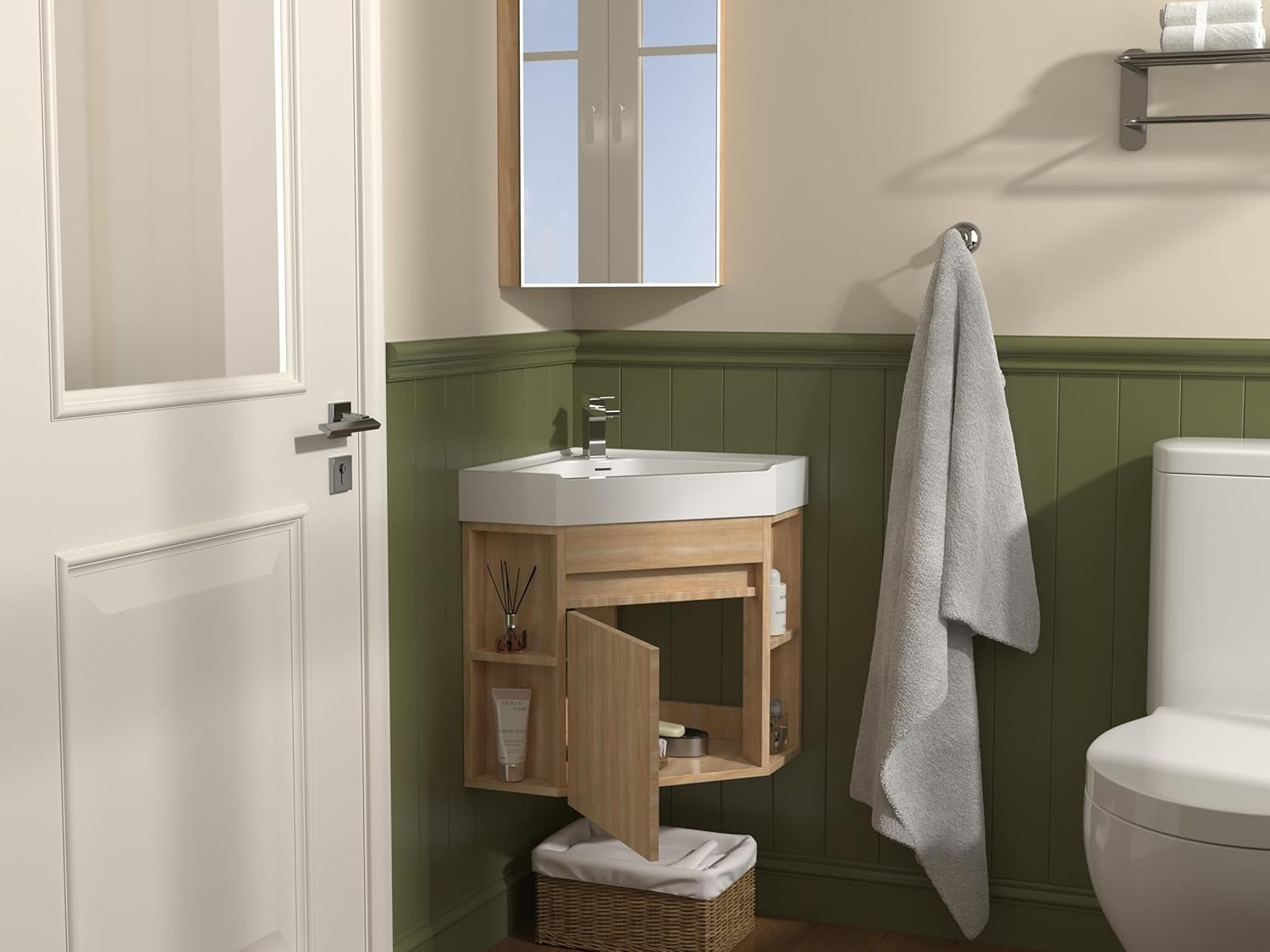 18 Inch Wall Mount Corner Bathroom Vanity with Matte Solid Surface (Light Oak)