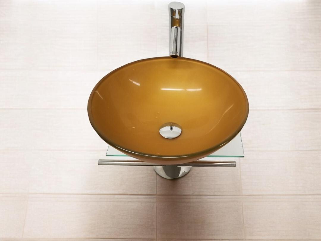 Modern Small Bathroom Pedestal Vanity Glass Bowl Vessel Mustard Gold Sink Combo