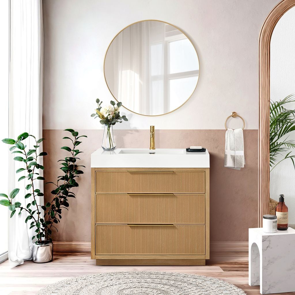 Hohhot 36″ Single Bath Vanity in Washed Ash Grey with White Stone Top