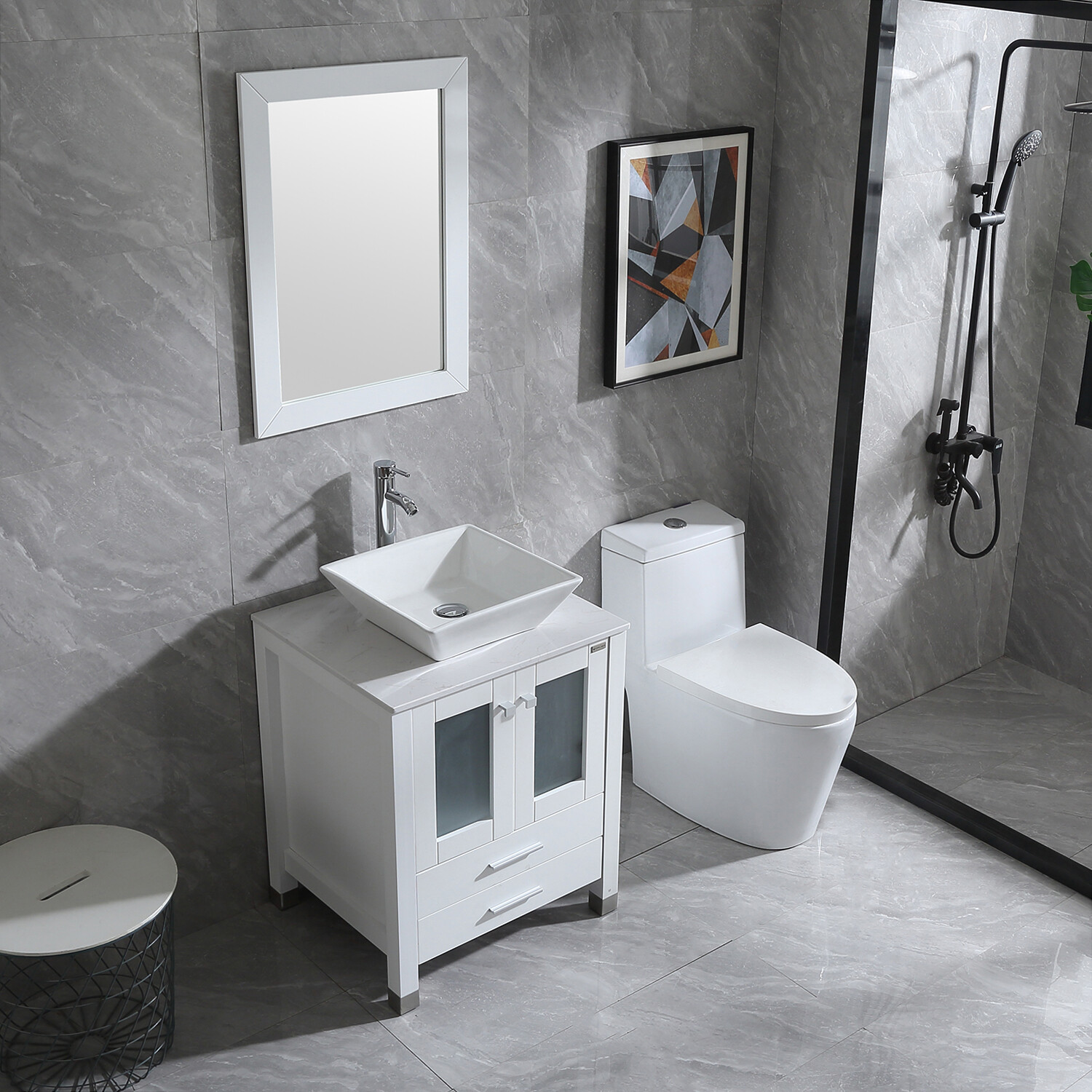 24″ Bathroom Vanity Single Basin Ceramic Sink Set with Faucet Mirror Combo white