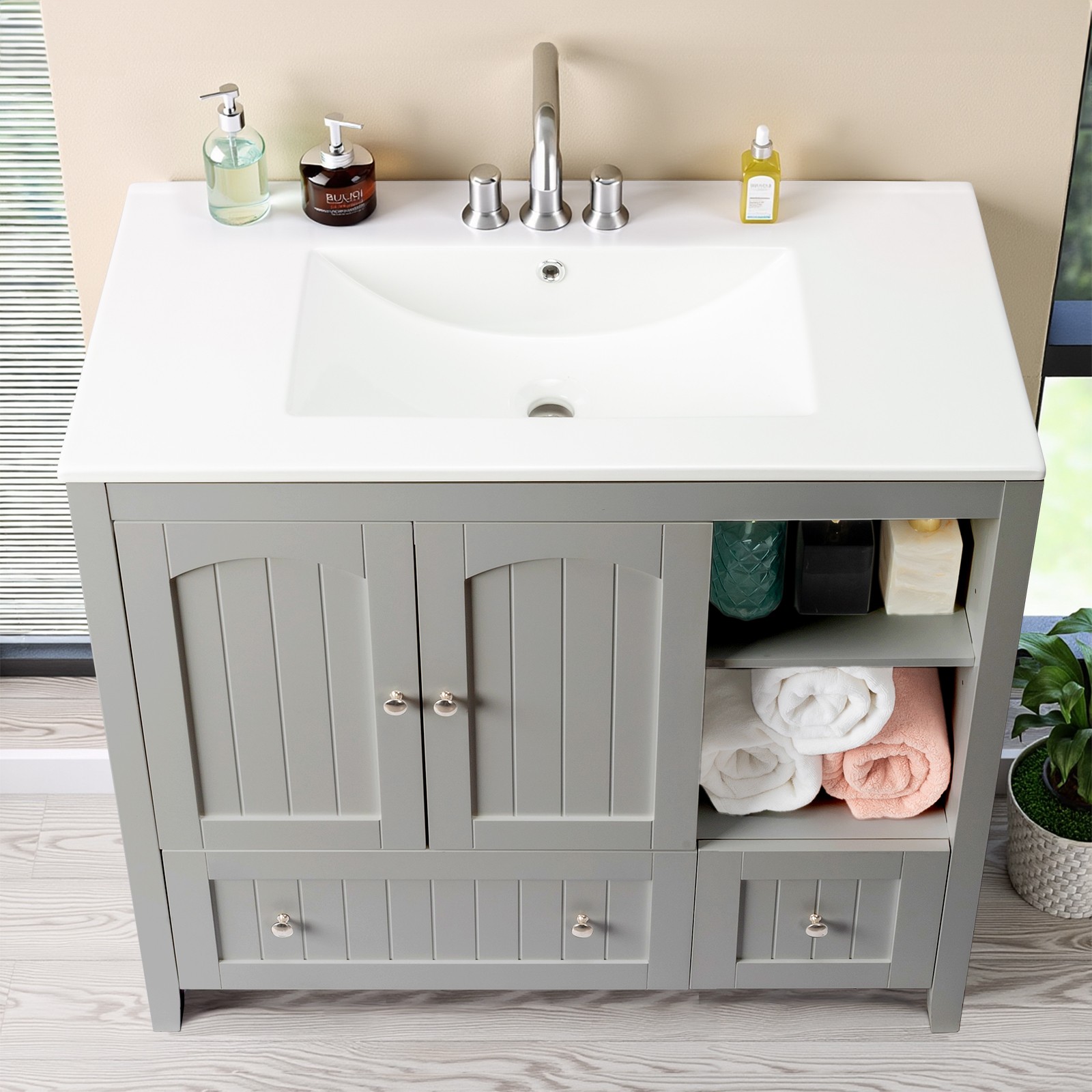 Modern 36″ Bathroom Vanity Without Sink, Wood Cabinet with 2 Doors 2 Drawers