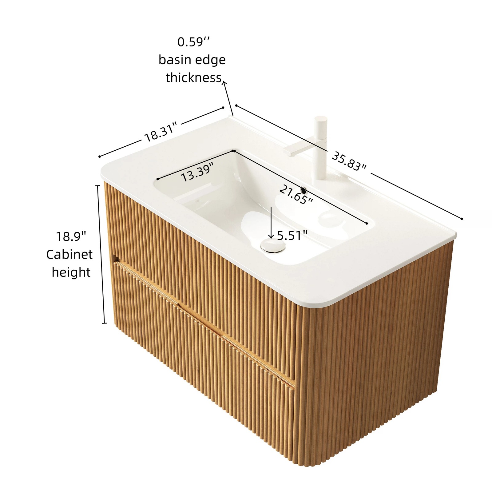 36″ Wall-Mounted Bathroom Vanity with Sink, 2 Drawers, White Ceramic Basin