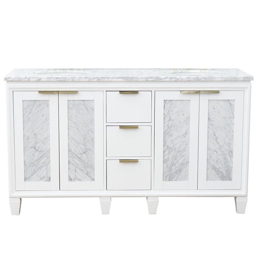 Pemberly Row 61″ Double Oval Sink Solid Wood Vanity in White/White Carrara
