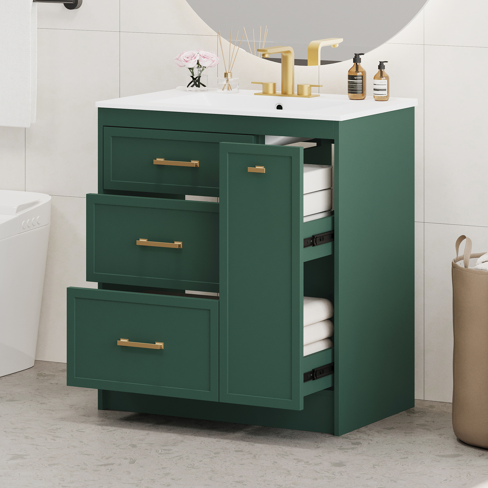30″ Bathroom Vanity Set Floor Standing Bathroom Storage Cabinet w/Three Drawers